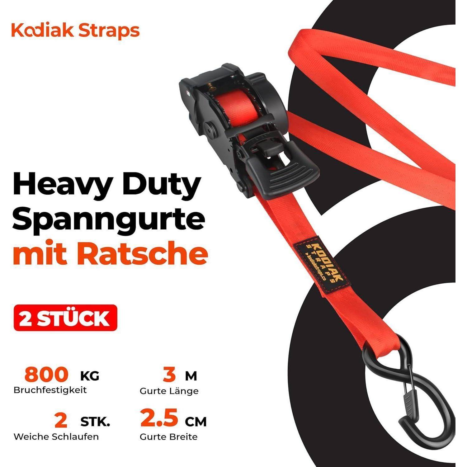 Kodiac Straps Hochleistungs-Ratschengurt-Set, 2 Stück; 800 kg Bruchfestigkeit, 3 m Länge, 2,5 cm breit, mit weichen Schlaufen.