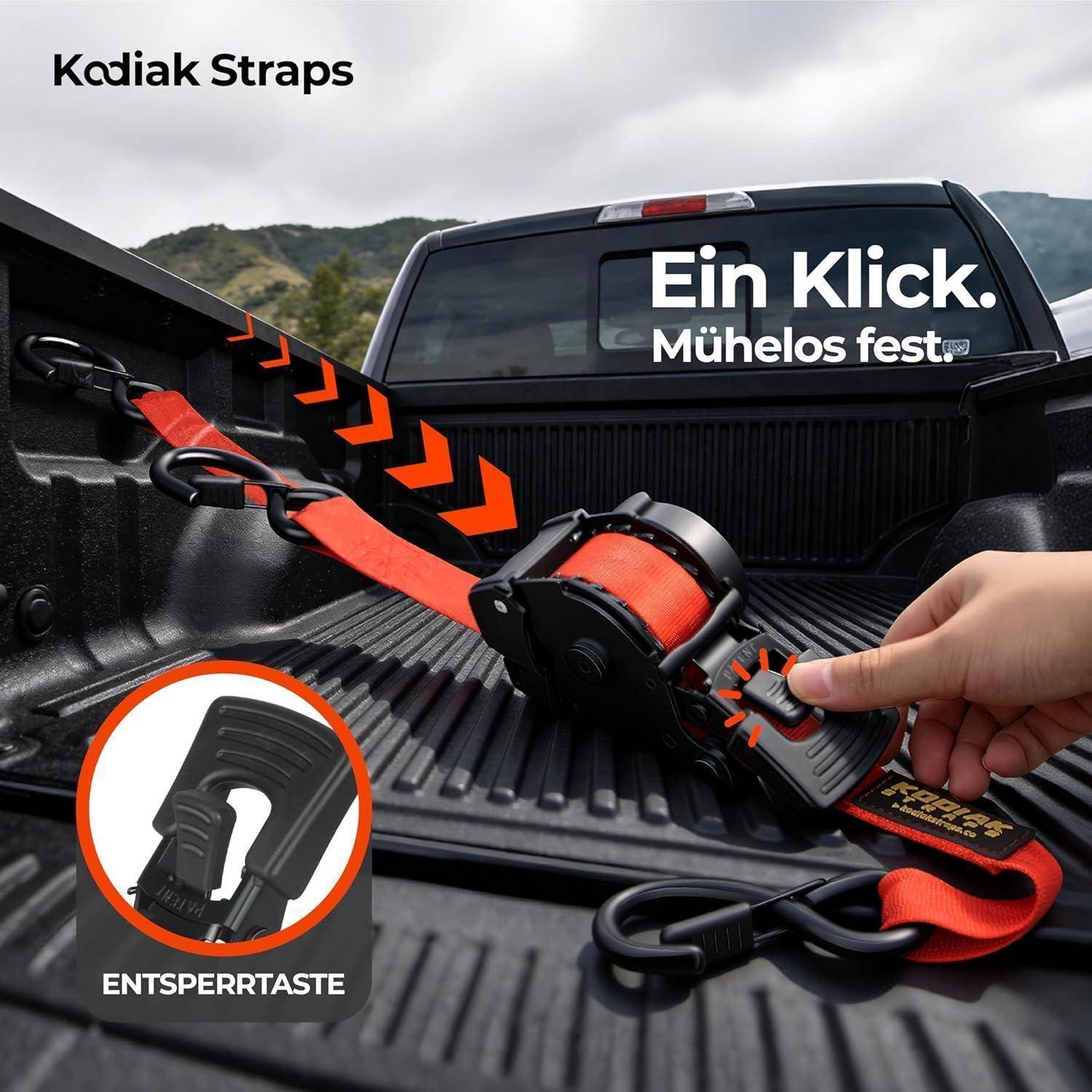 Kodiak Straps Ladeflächen-Zurrgurt wird mit einem Ratschenkopf festgezogen; deutscher Text sagt „Ein Klick. Mühelos fest.