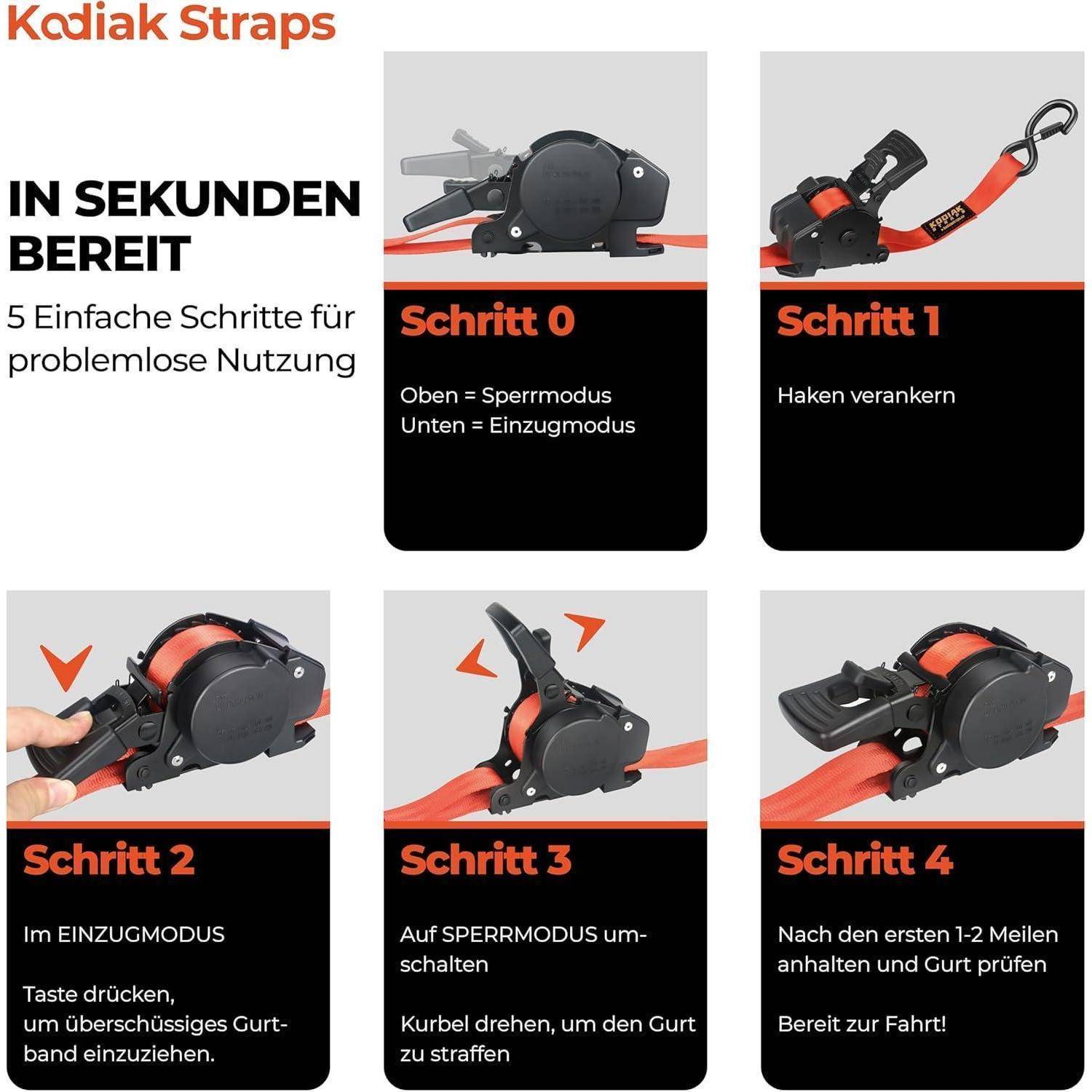 KODIAK STRAPS Automatik Spanngurte 25mm 3m mit S Haken | 800KG Selbstaufrollend Spanngurte mit Ratsche | Zurrgurte mit Ratsche für LKW Anhänger, Mot