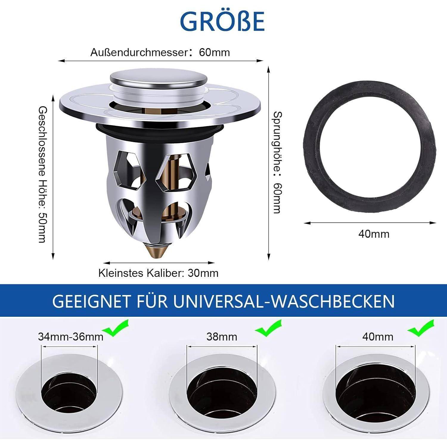 Diagramm eines Waschbeckenstöpsels mit Pop-up-Funktion und Abmessungen: Außendurchmesser 60 mm, Federhöhe 60 mm, Geschlossene Höhe 50 mm, Kleinster Kaliber 30 mm, plus ein 40-mm-Ring und Kompatibilität für 34-36 mm, 38 mm und 40 mm Ablaufrohre.