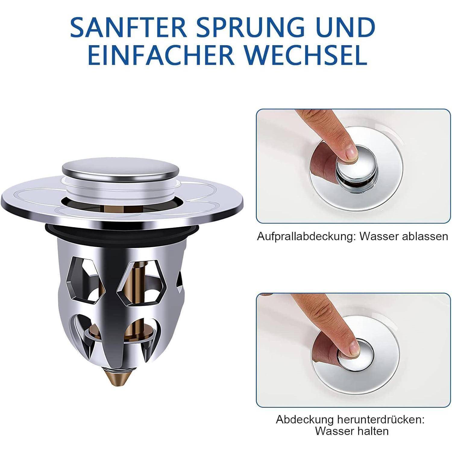 Illustration eines Waschbeckenstöpsels mit deutschem Text „Sanfter Sprung und einfacher Wechsel