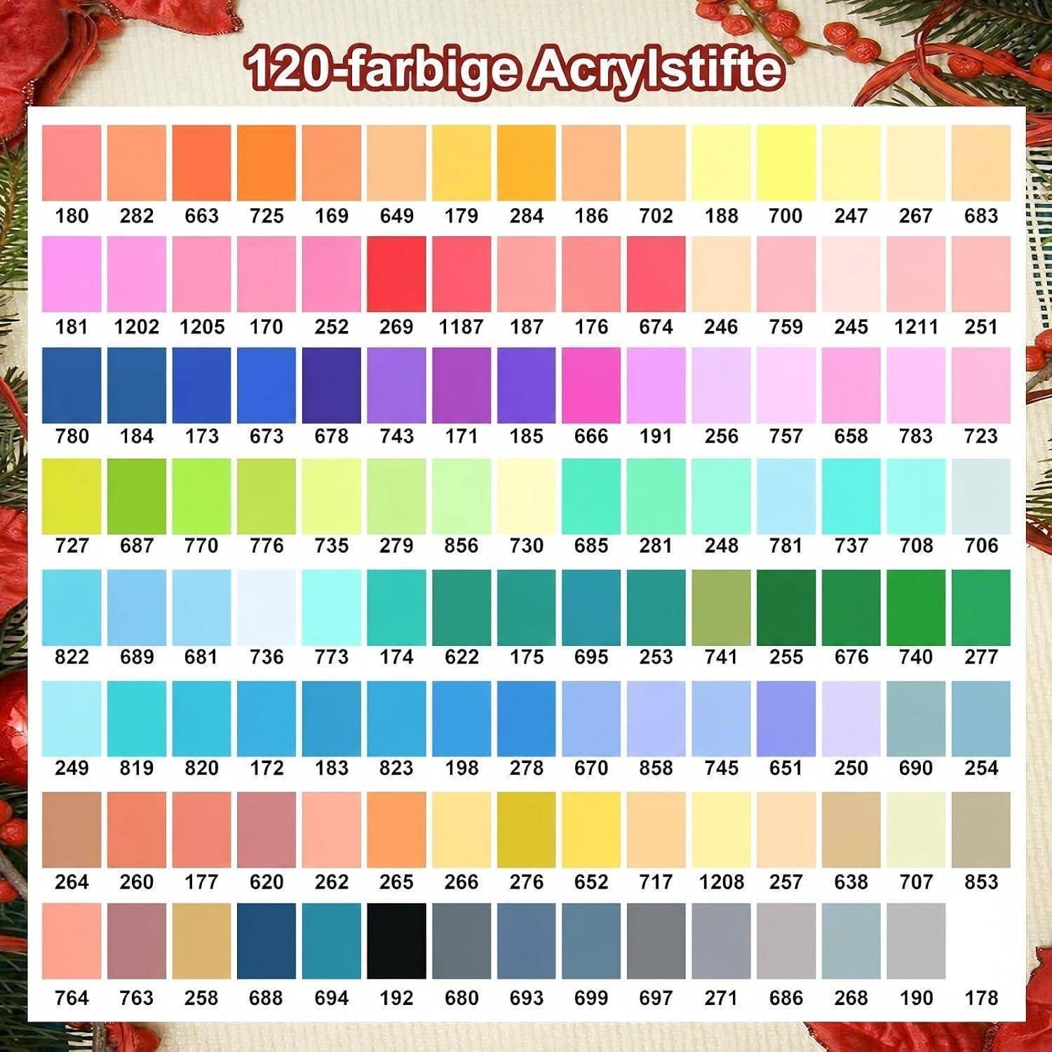 Farbdiagramm mit dem Titel „120-farbige Acrylstifte