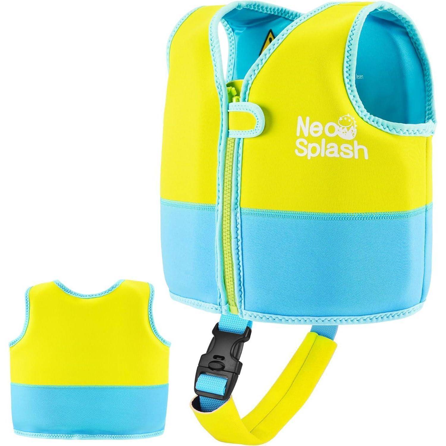 Gelbe und blaue Kinderschwimmweste mit Frontreißverschluss und Schnalle, gezeigt mit passendem Rückansicht-Einsatz.