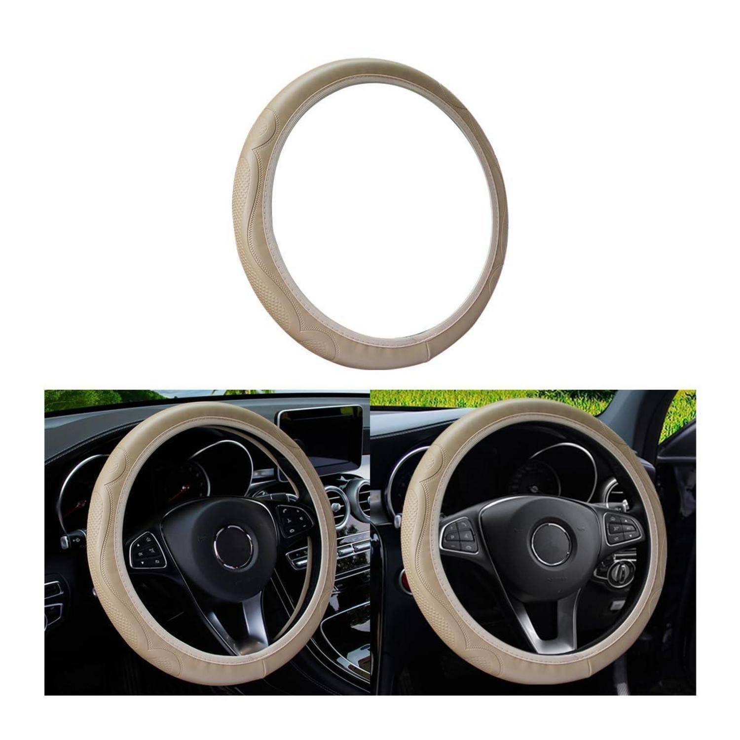 Beiger Lenkradschoner, allein abgebildet und auf einem Autolenkrad montiert, das die angepasste Optik im Fahrzeuginnenraum zeigt.