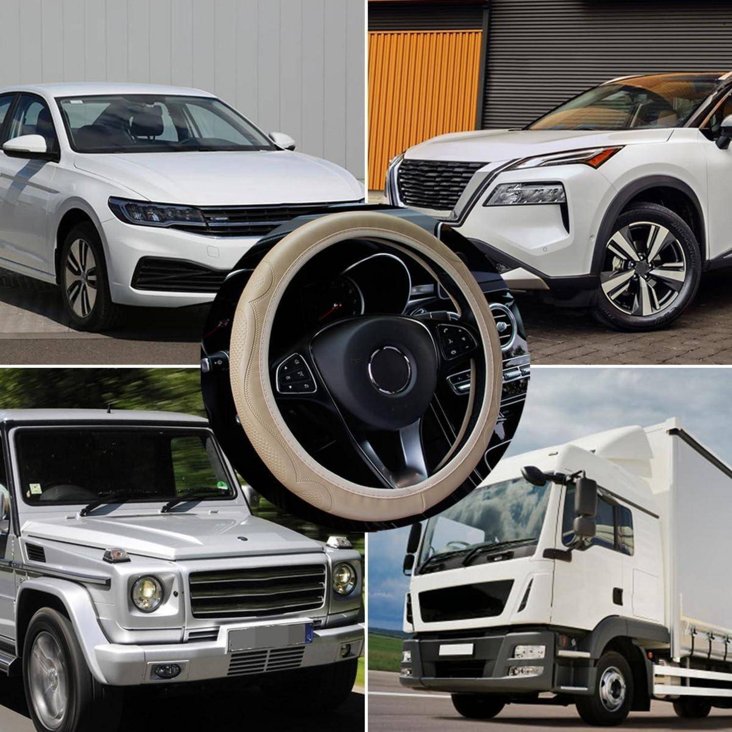 Collage von Fahrzeugen: zwei weiße SUVs, eine Nahaufnahme eines Luxusautolenkrads, ein silberner SUV und ein weißer Kastenwagen.