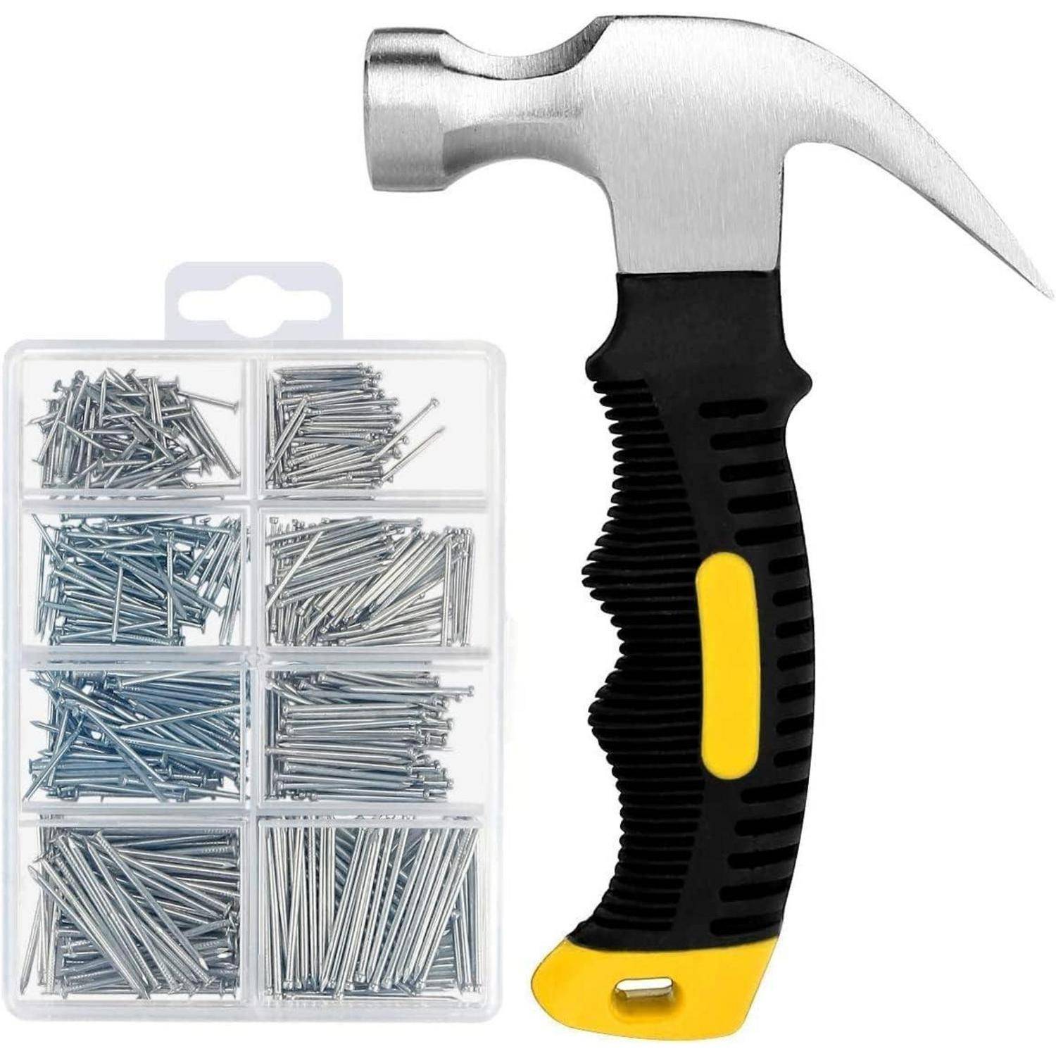 560 Stück kleine Nägel zum Aufhängen von Bildern, Sortimentsset & 325 g kleiner Hammer, Mini-Hammer-Set mit Hardware-Nägeln, sortiertes Set, 280