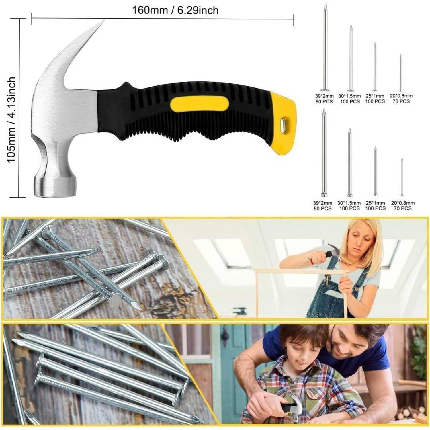 560 Stück kleine Nägel zum Aufhängen von Bildern, Sortimentsset & 325 g kleiner Hammer, Mini-Hammer-Set mit Hardware-Nägeln, sortiertes Set, 280