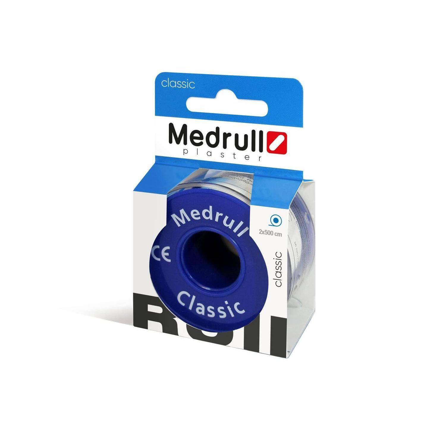 Medrull Classic Pflasterrolle in Einzelhandelsverpackung, mit einer blauen kreisförmigen Spenderbox mit der Aufschrift 