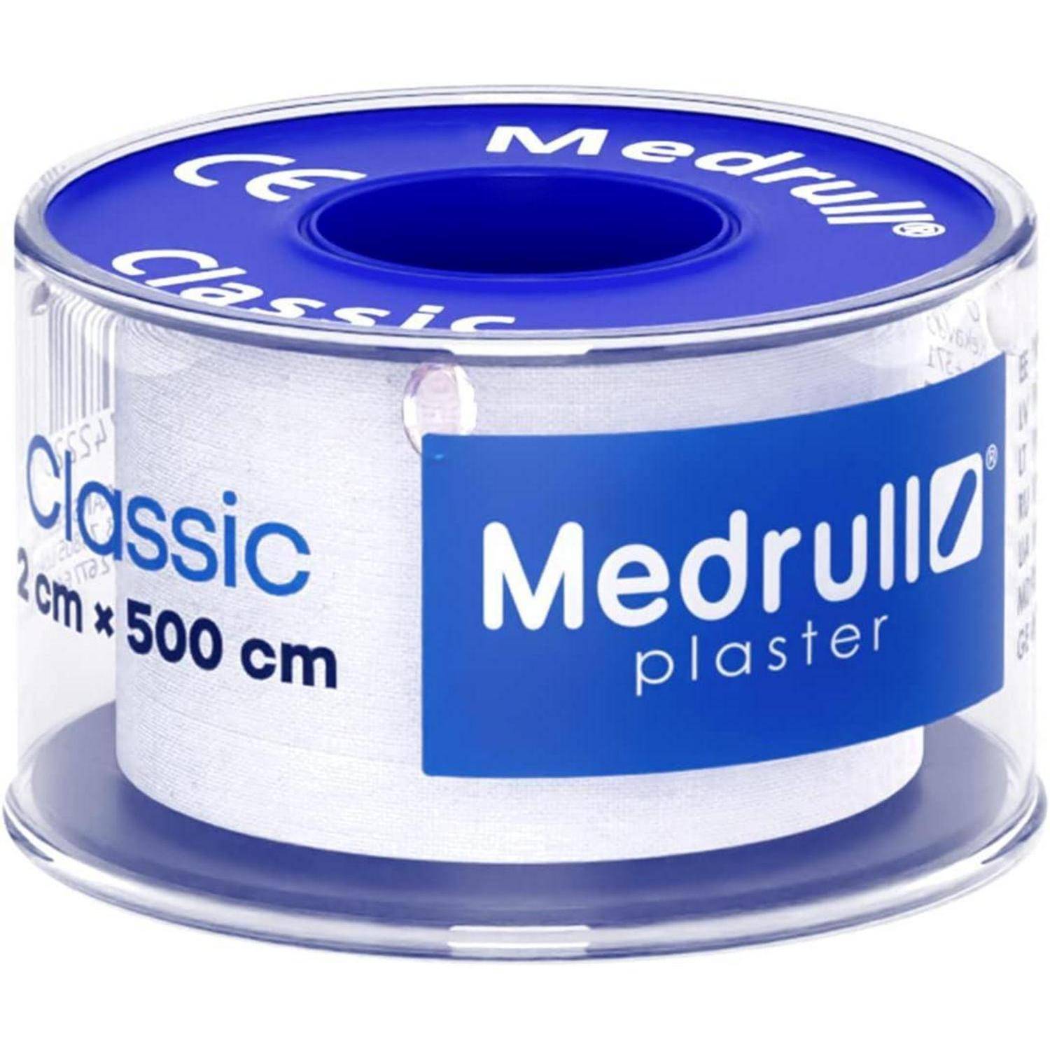 Blaue Rolle Medrull Classic Gipsverband in einem durchsichtigen Kunststoffbehälter, gekennzeichnet mit 2 cm x 500 cm.