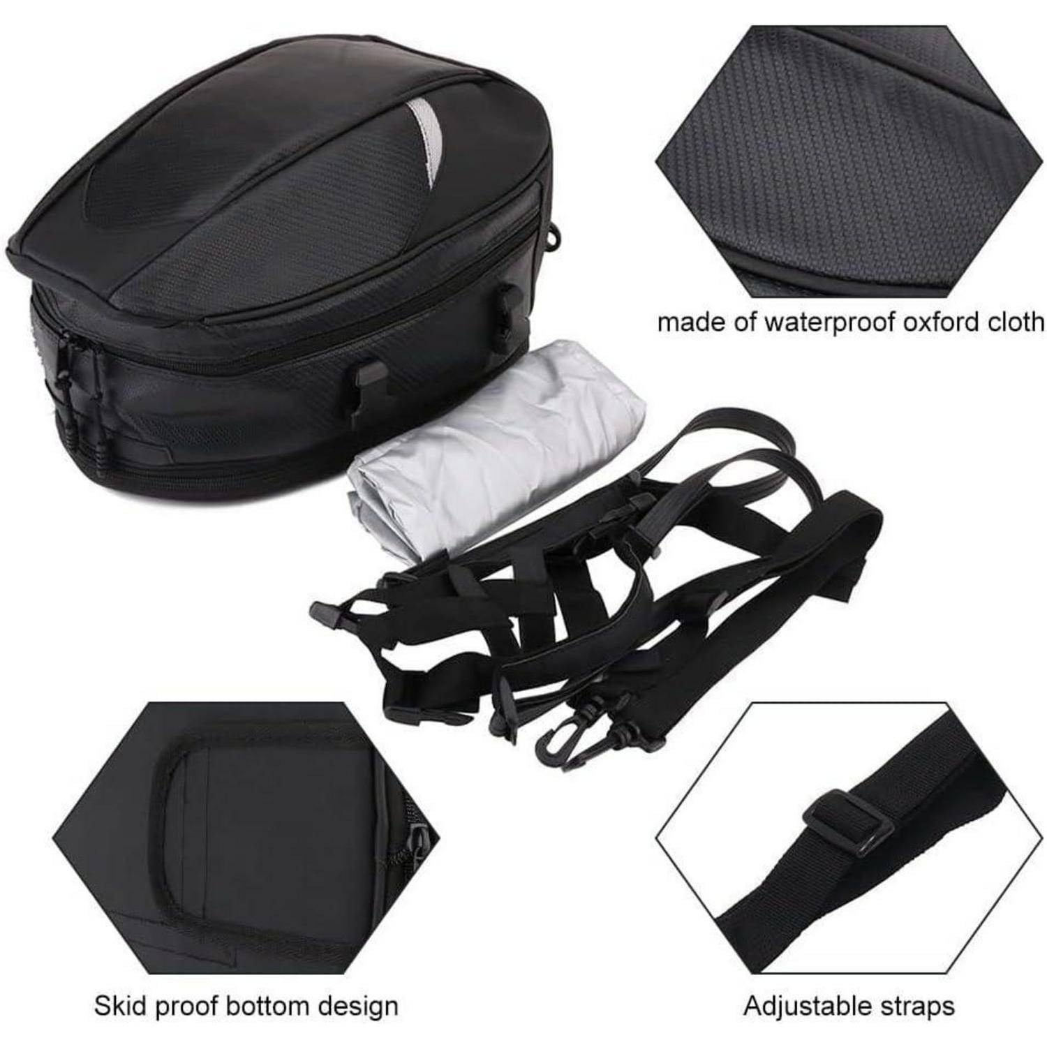 Schwarze Motorrad-Hecktasche mit verstellbaren Riemen, rutschfestem Boden und wasserdichtem Oxford-Stoff; gezeigt mit Regenschutz und Detail-Nahaufnahmen.