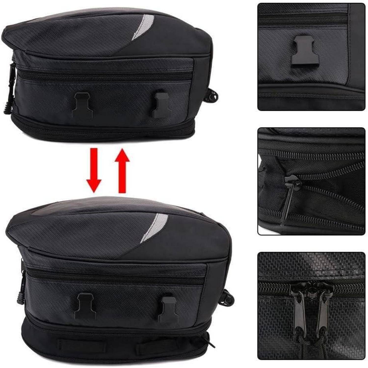 Schwarze Motorrad-Hecktasche, dargestellt in erweitertem und zusammengeklapptem Zustand, mit Nahaufnahmen der Befestigungsclips, Reißverschlüsse und dualen Reißverschluss-Grifftabs.
