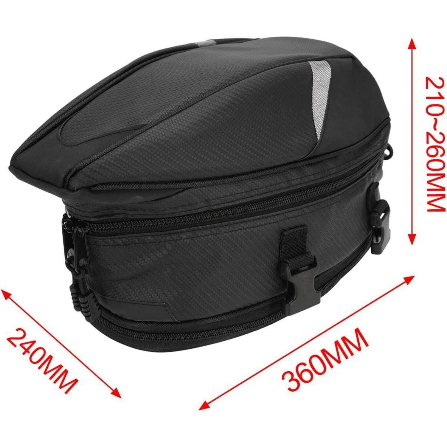 Schwarze Motorrad-Satteltasche mit aerodynamischer Oberklappe und Reißverschlussverschluss, dargestellt mit Abmessungen von 360 mm Breite, 240 mm Länge und 210–260 mm Höhe.