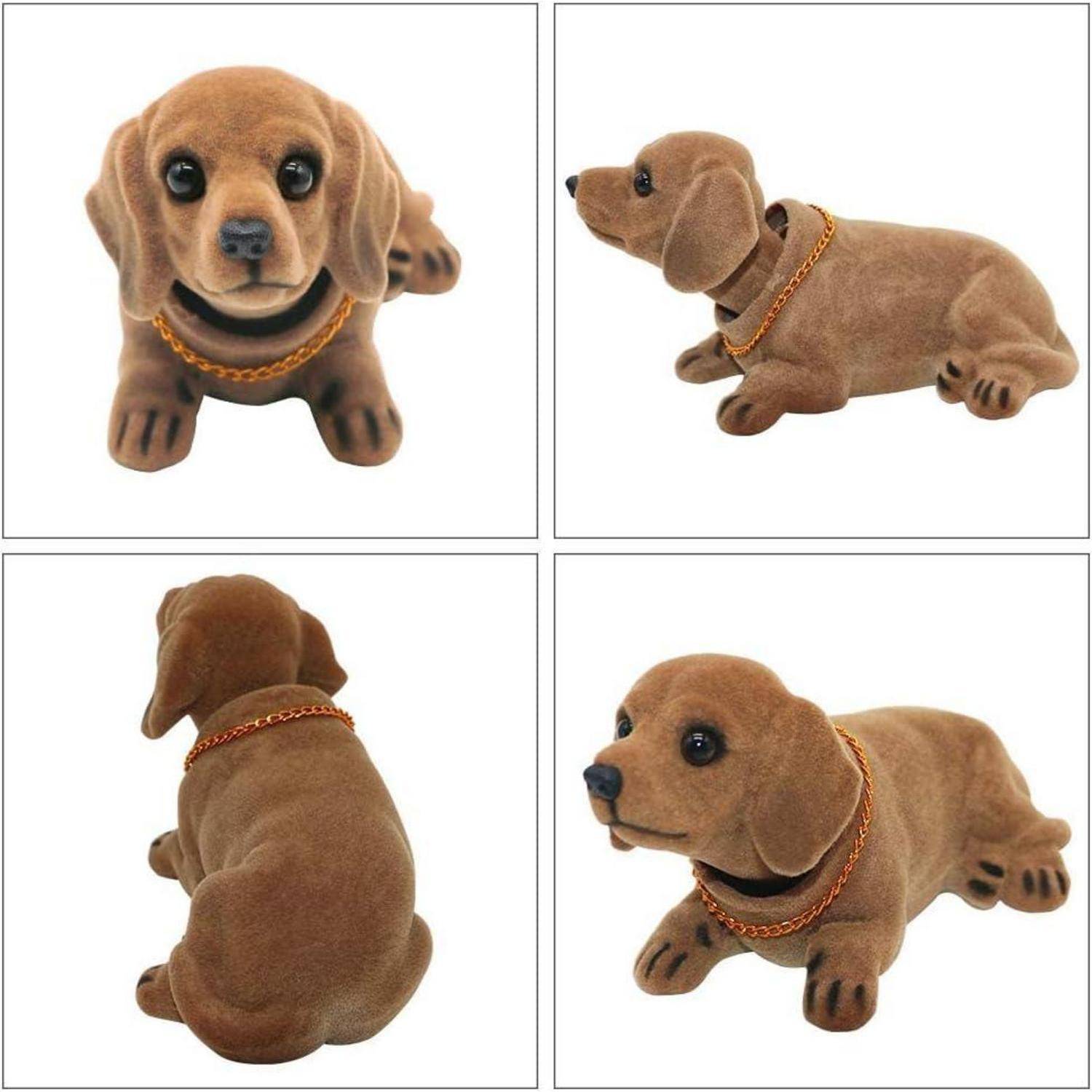 Vier Ansichten eines braunen Plüsch-Dackelhundes mit goldenem Kettenhalsband, gezeigt von vorne, von der Seite, von hinten und aus schräger Vorderansicht.