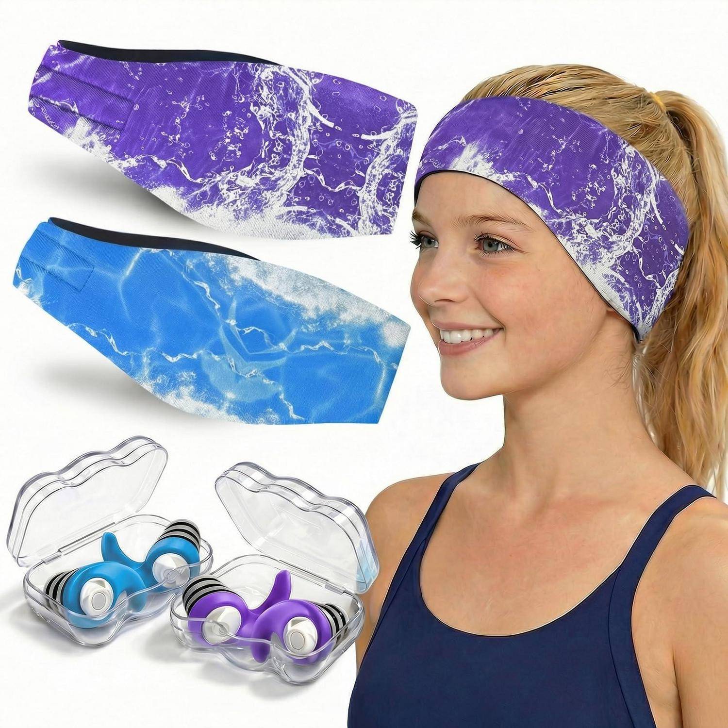 Schwimmen Stirnband für Erwachsene - 2 Paar Schwimm Ohrstöpsel & Neopren Schwimmband,Hohe Elastizität & Klettverschluss - Wasserdichtes Kopfband Ha