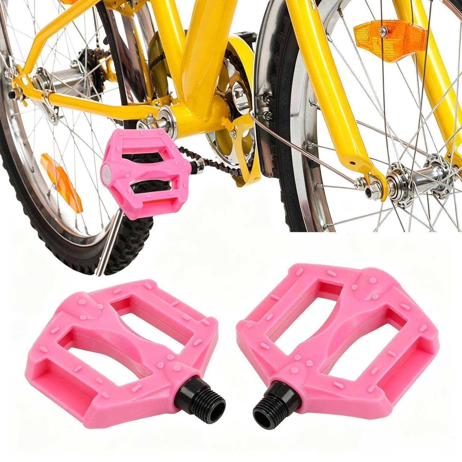 Rosa Fahrradpedale, montiert auf einem gelben Fahrrad, mit zwei passenden rosa Ersatzpedalen unten auf weißem Hintergrund angezeigt.