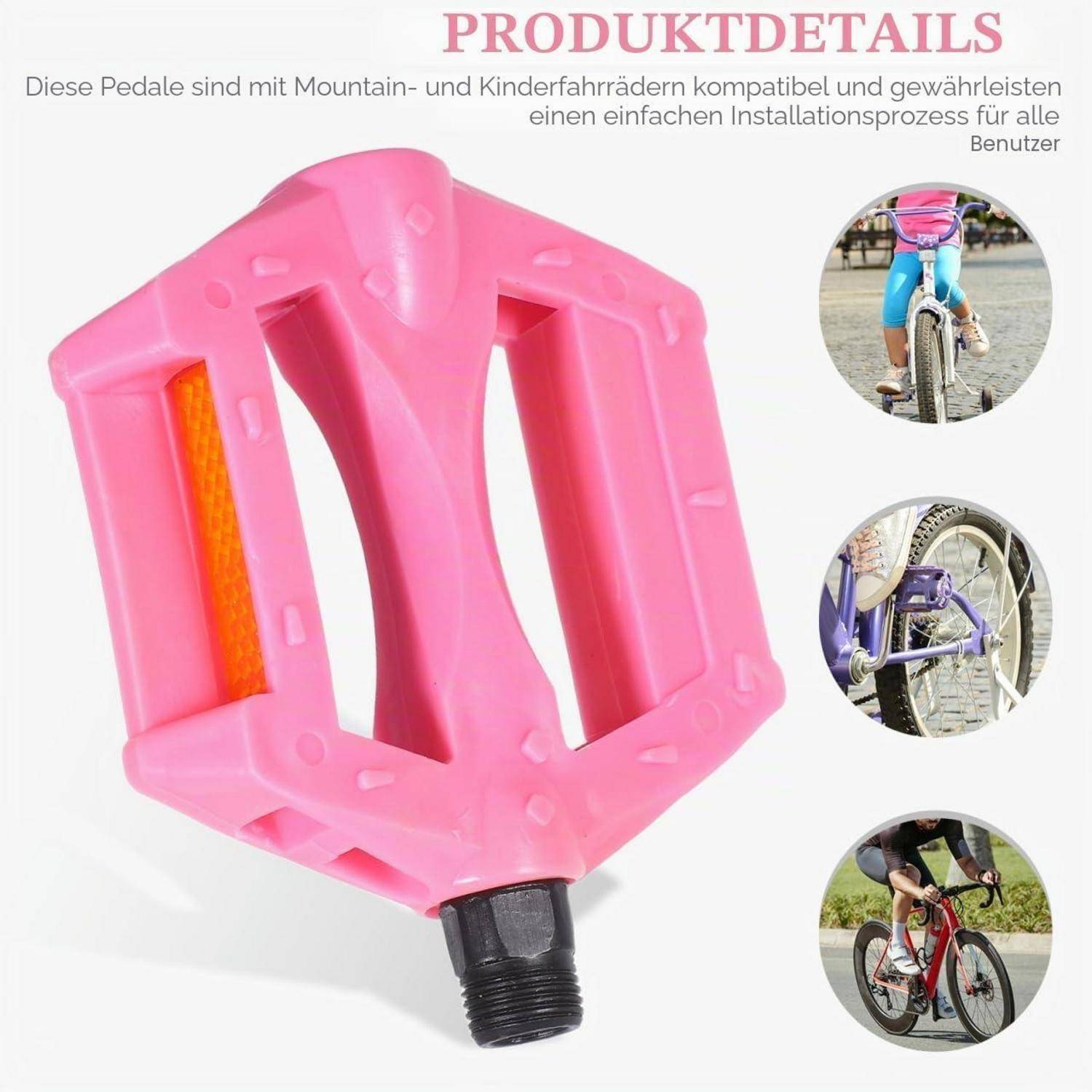 Rosa Fahrrad-Pedalproduktdetail-Grafik, die ein rosa Plattformpedal mit Gewindeachse und drei kleine Fotos zeigt, auf denen es an verschiedenen Fahrrädern montiert ist; der Text besagt, dass es mit Berg- und Kinderfahrrädern kompatibel ist.