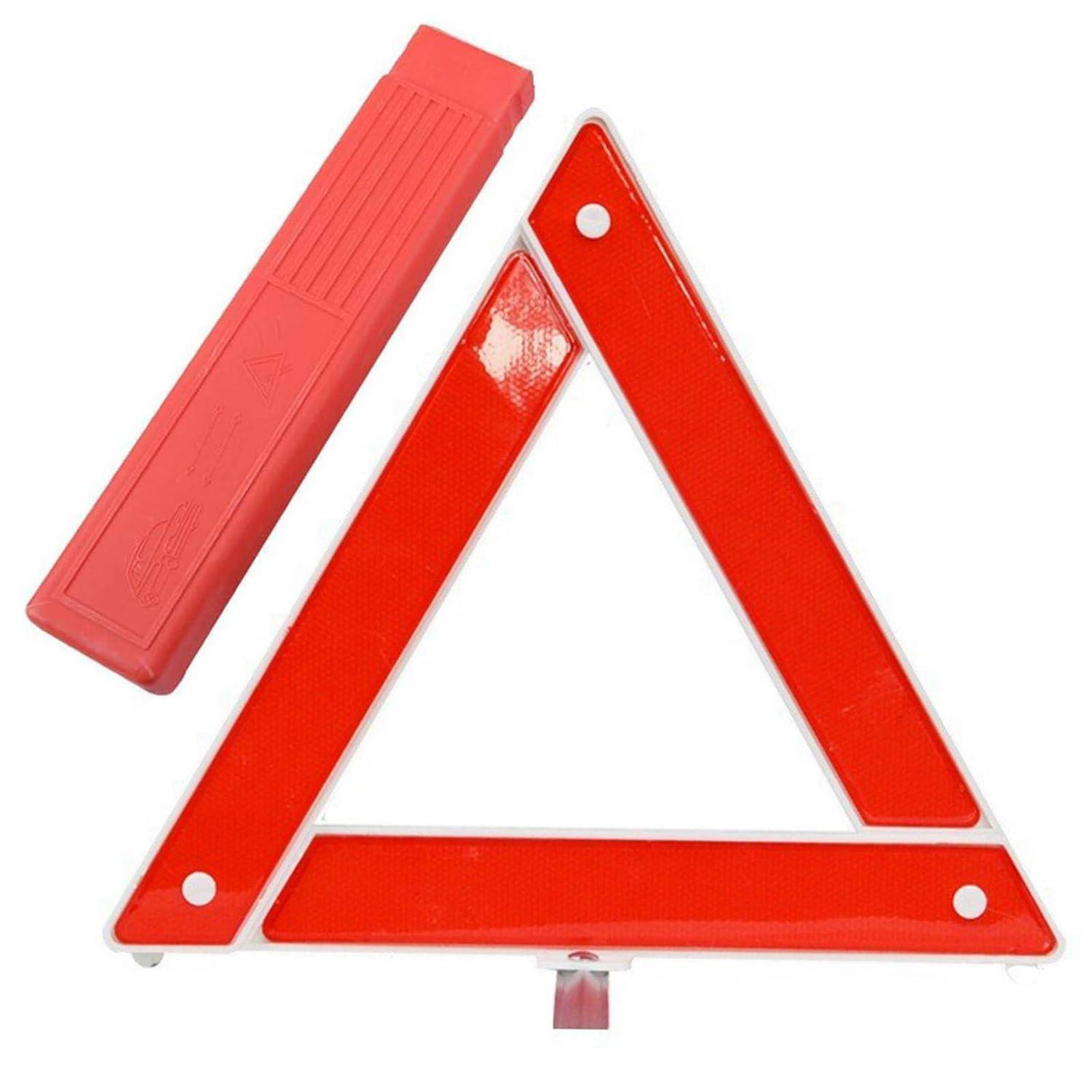 Rotes reflektierendes Warndreieck mit roter Aufbewahrungsbox, verwendet zur Warnung vor Fahrzeuggefahren am Straßenrand.