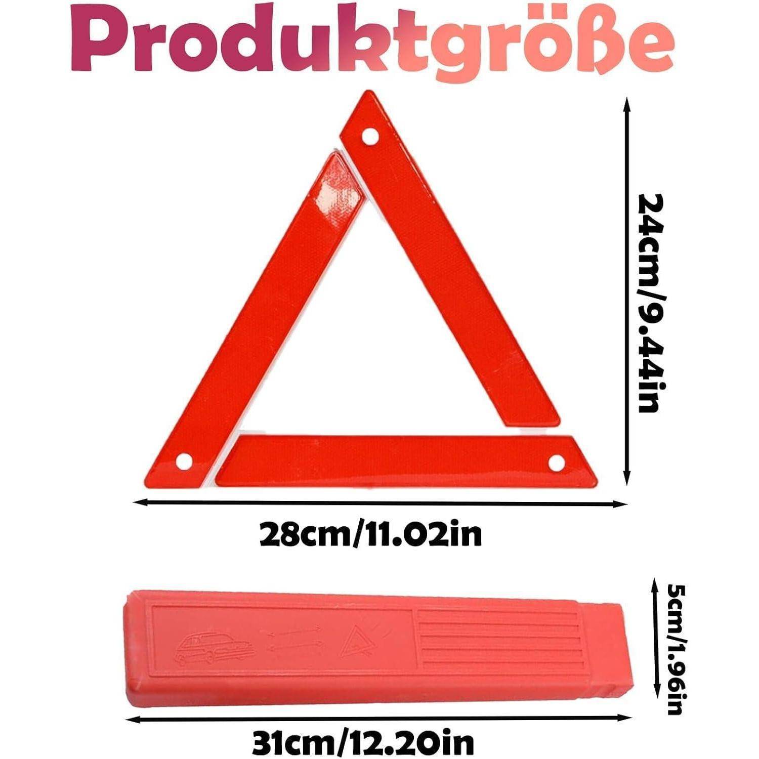 Produktgrößendiagramm mit einem roten reflektierenden Warndreieck, 28 cm breit und 24 cm hoch, plus einer gefalteten Tasche mit den Maßen 31 cm x 5 cm.