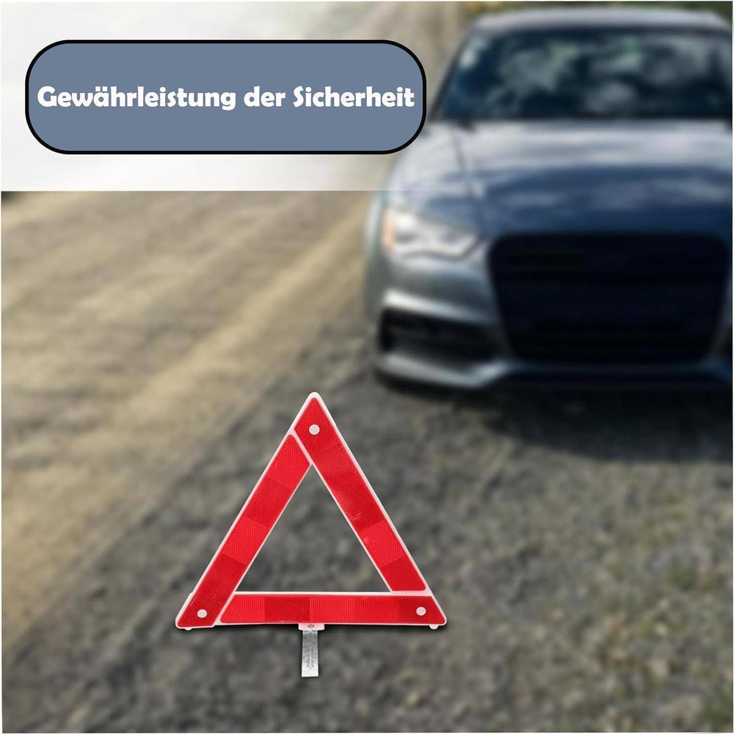 Rotes Warndreieck auf der Straße vor einem unscharfen Auto, mit deutschem Text „Gewährleistung der Sicherheit