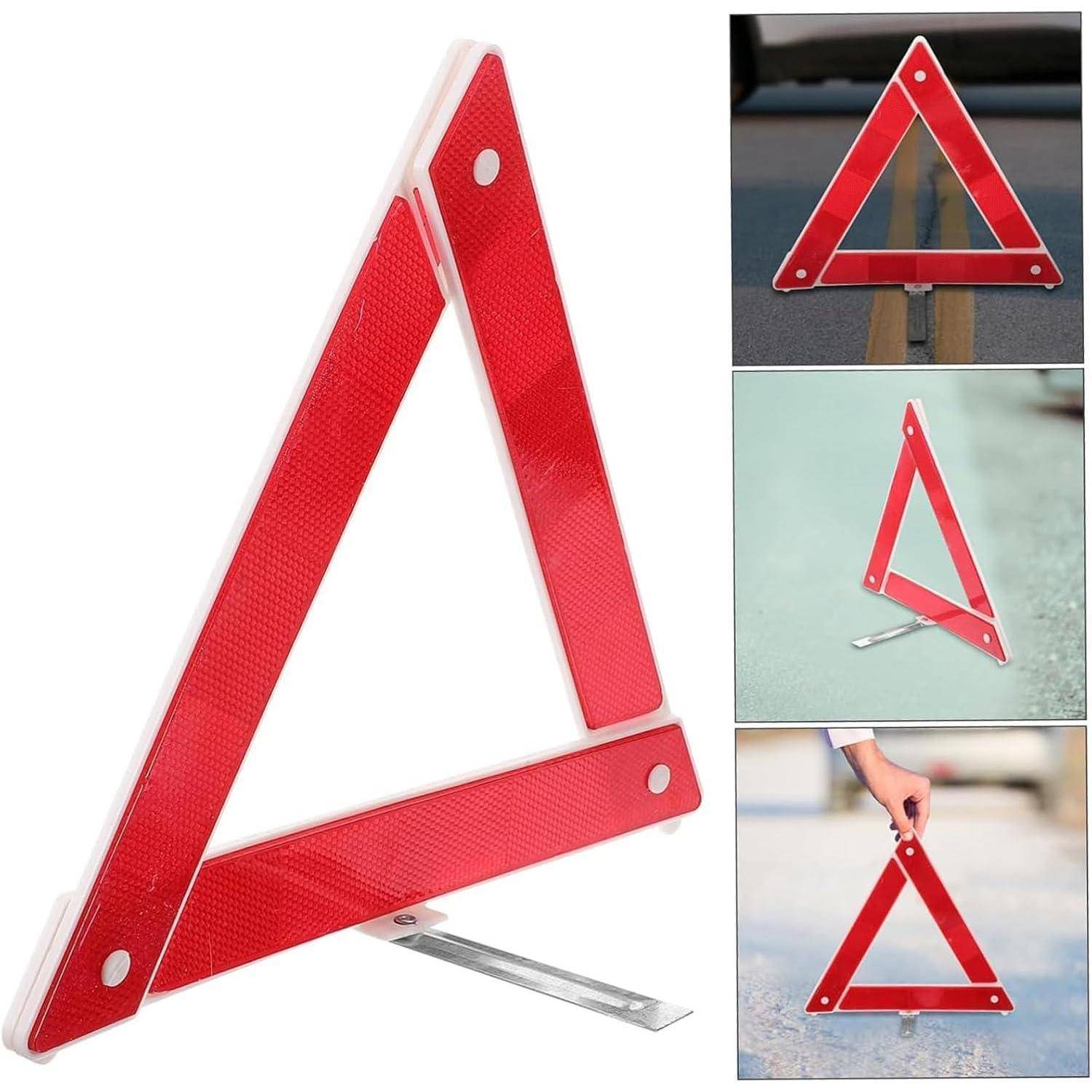 Rotes reflektierendes Klapp-Warndreieck für Notfälle am Straßenrand, das offen und in Gebrauch in Autos gezeigt wird.