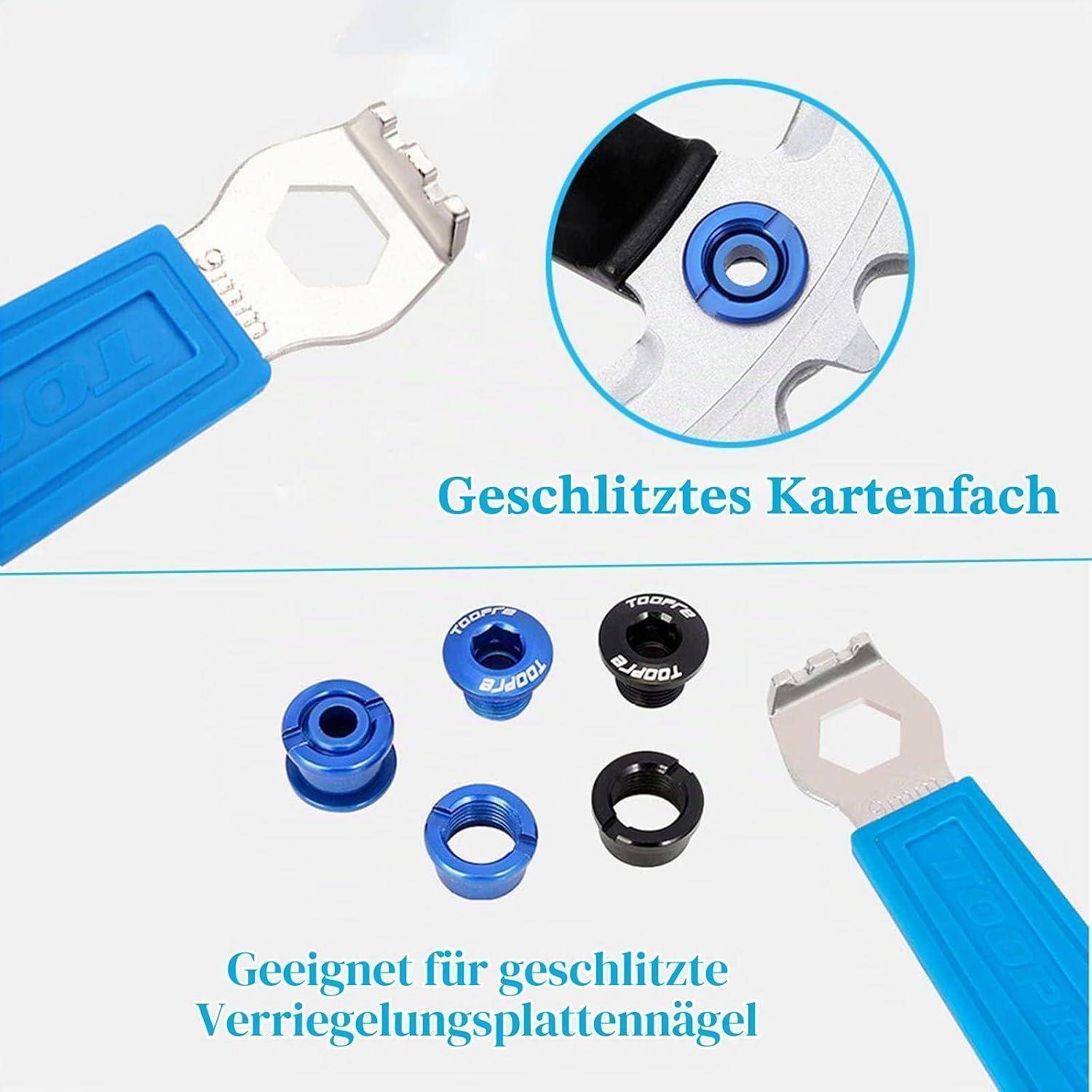 Abbildung eines blauen Kartenschlitzschlüssels und Adaptierringe, beschriftet in deutscher Sprache mit „Geschlitztes Kartenfach" und „Geeignet für geschlitzte Verriegelungsplattennägel"".