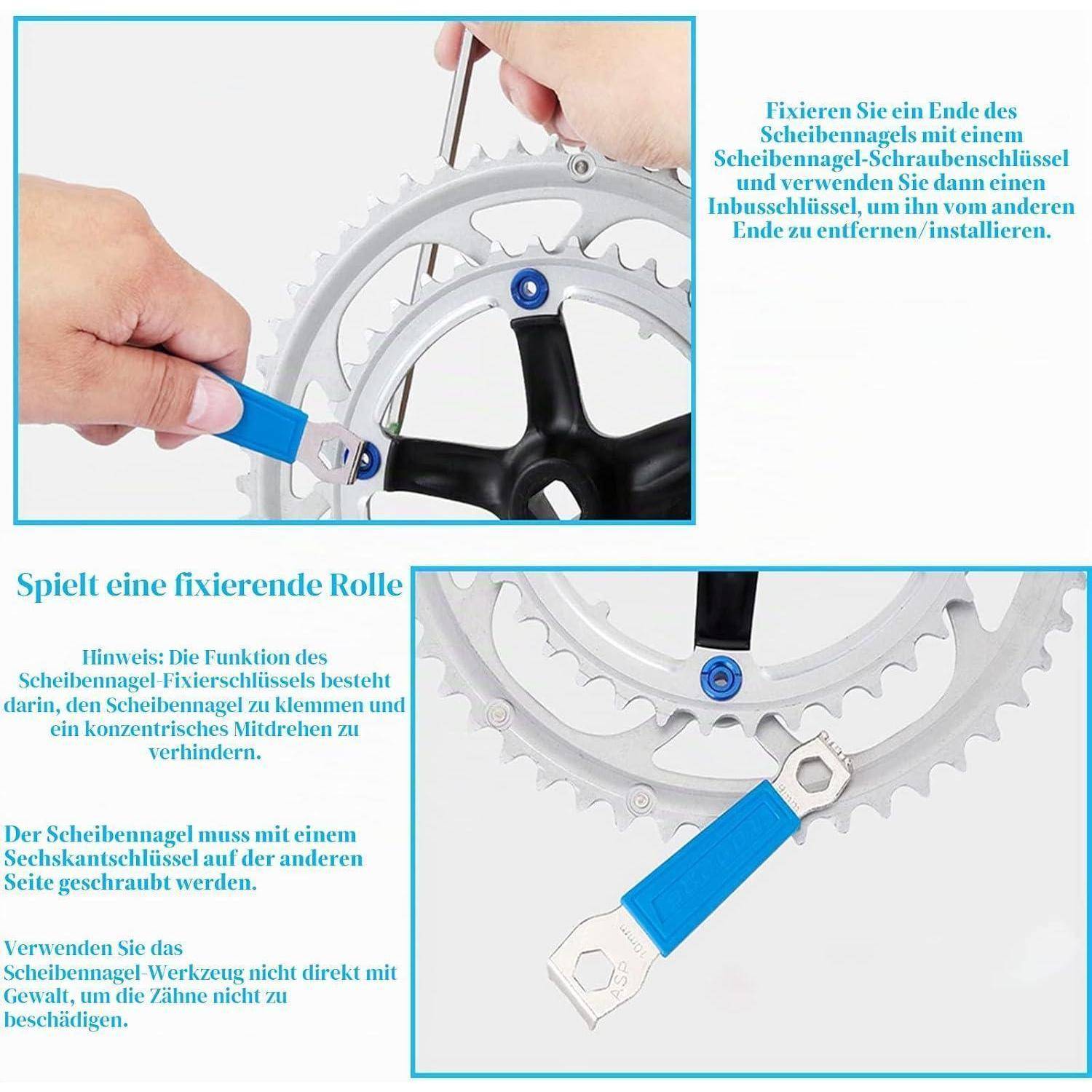 Das Anschauungsgrafik zeigt ein Fahrrad-Kettenblatt-Werkzeug, das verwendet wird, um das Kettenblatt an Ort und Stelle zu halten, während ein anderer Schraubenschlüssel das gegenüberliegende Ende entfernt oder installiert.