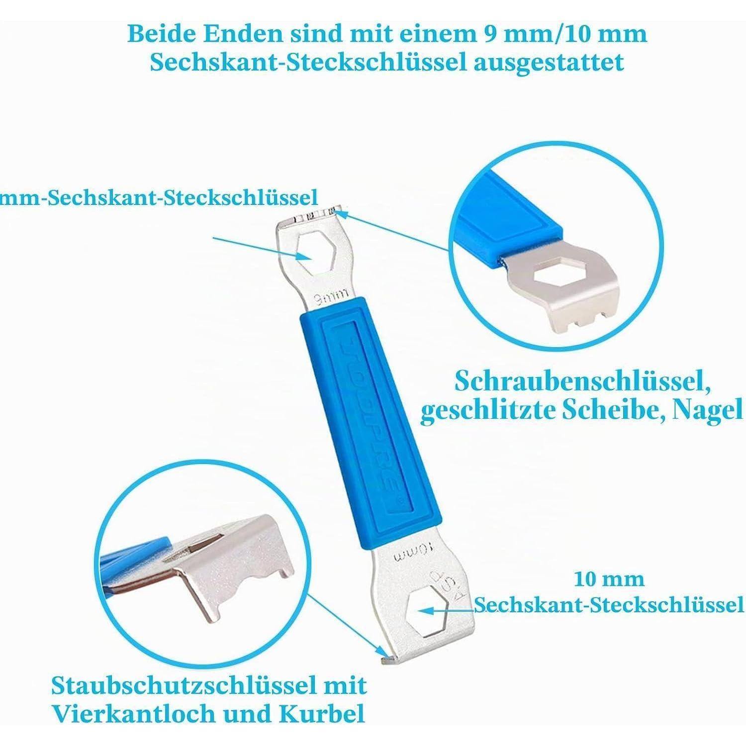 Illustrierter Schraubenschlüssel mit blauem Griff und Metallenden, gekennzeichnet als 9 mm/10 mm Innensechskantschlüssel an beiden Enden; Beschriftungen zeigen quadratisches Loch, Sechskantöffnung und Verwendungen für Schrauben, Nägel und Spannscheiben.