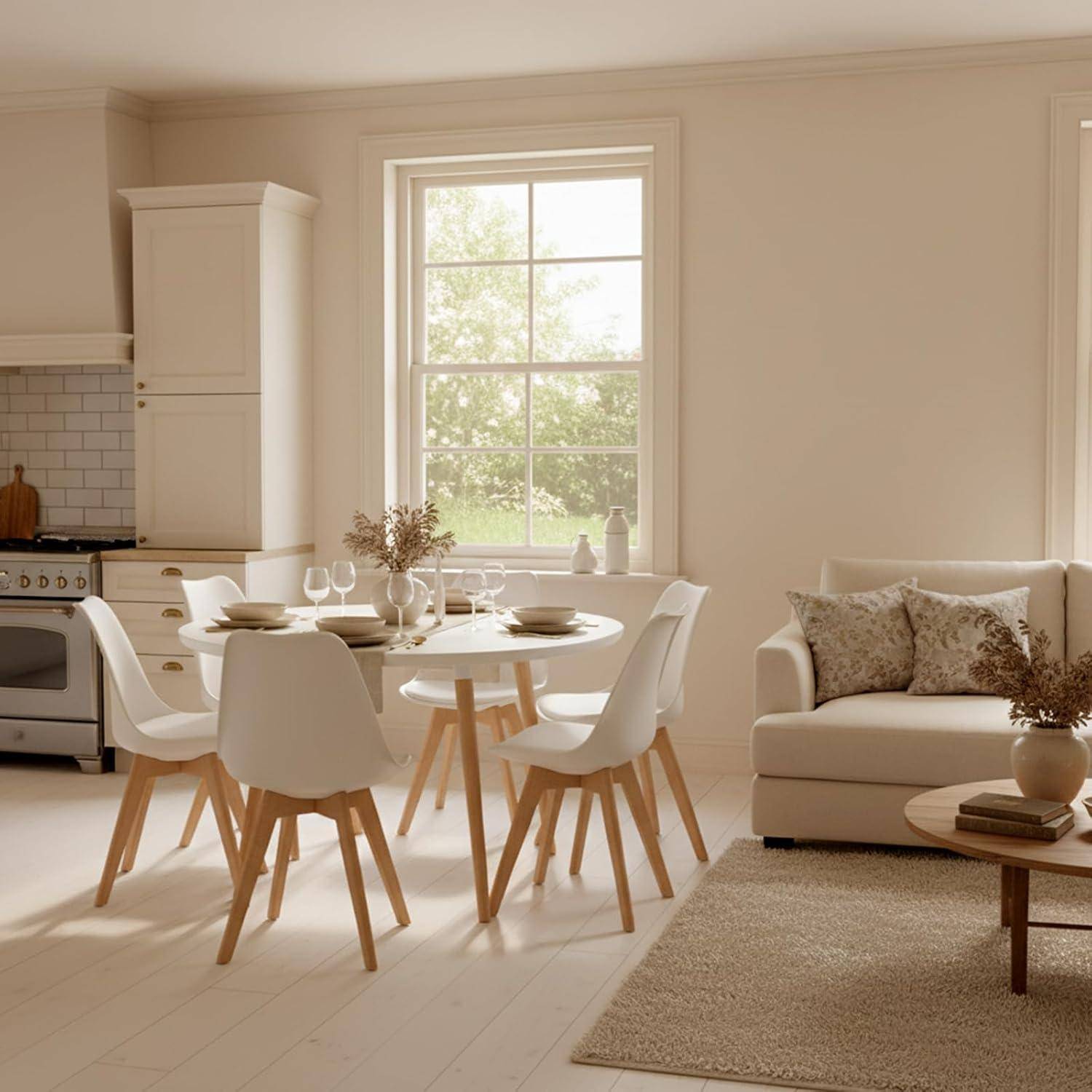 Helles, minimalistisches offenes Wohn- und Esszimmer mit rundem Tisch, weißen Stühlen, Sofa und großem Fenster mit Blick auf einen Garten.