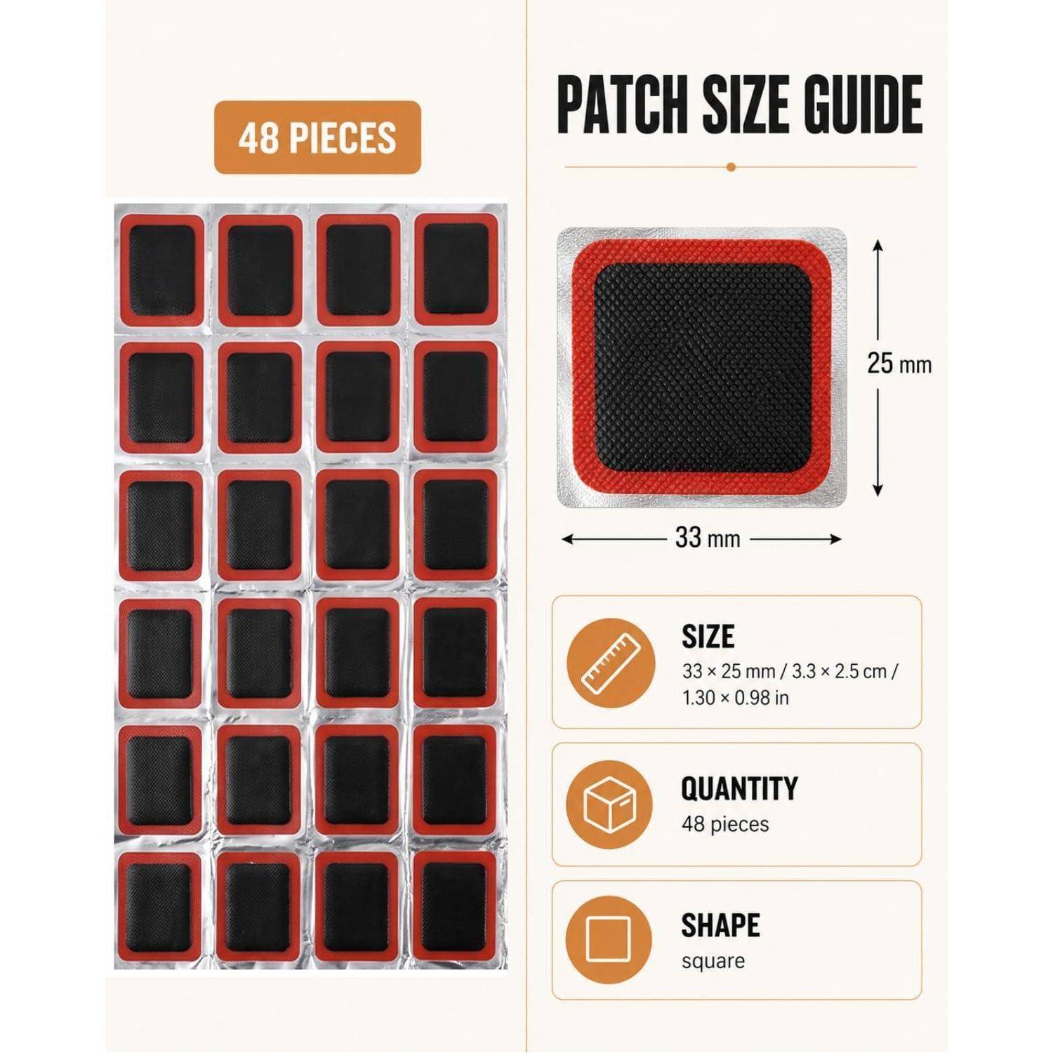 Produktbild mit 48 quadratischen Flickenstücken und einer Größentabelle für Flicken: 33 mm mal 25 mm, mit Größe, Menge und Form gekennzeichnet.