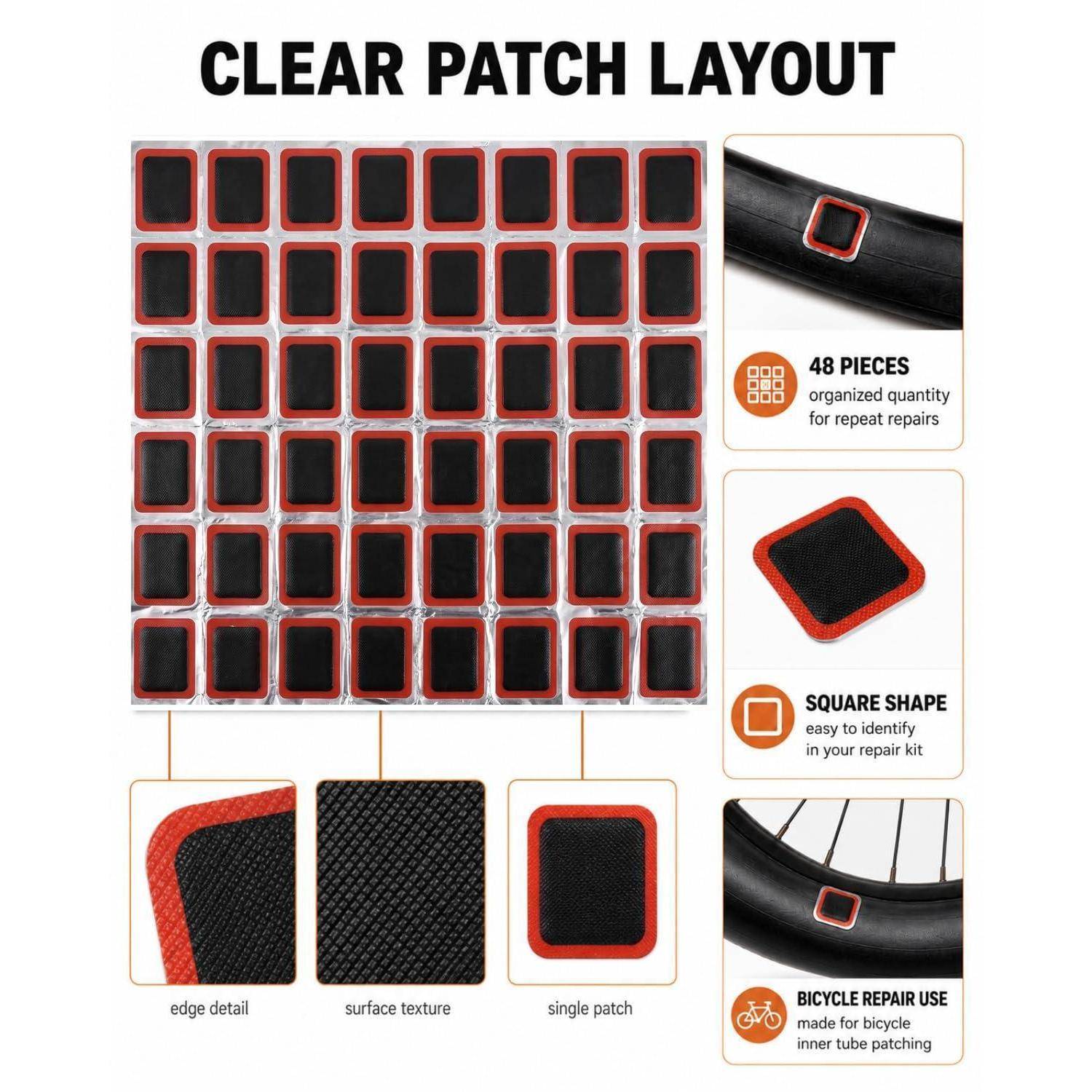 Infografik mit einem "KLAREN PATCH-LAYOUT"" mit 48 quadratischen Klebstoffflicken, plus Nahaufnahmen von Kantendetail, Oberflächentextur und Fahrradreifen-Schlauch-Reparaturanwendung.