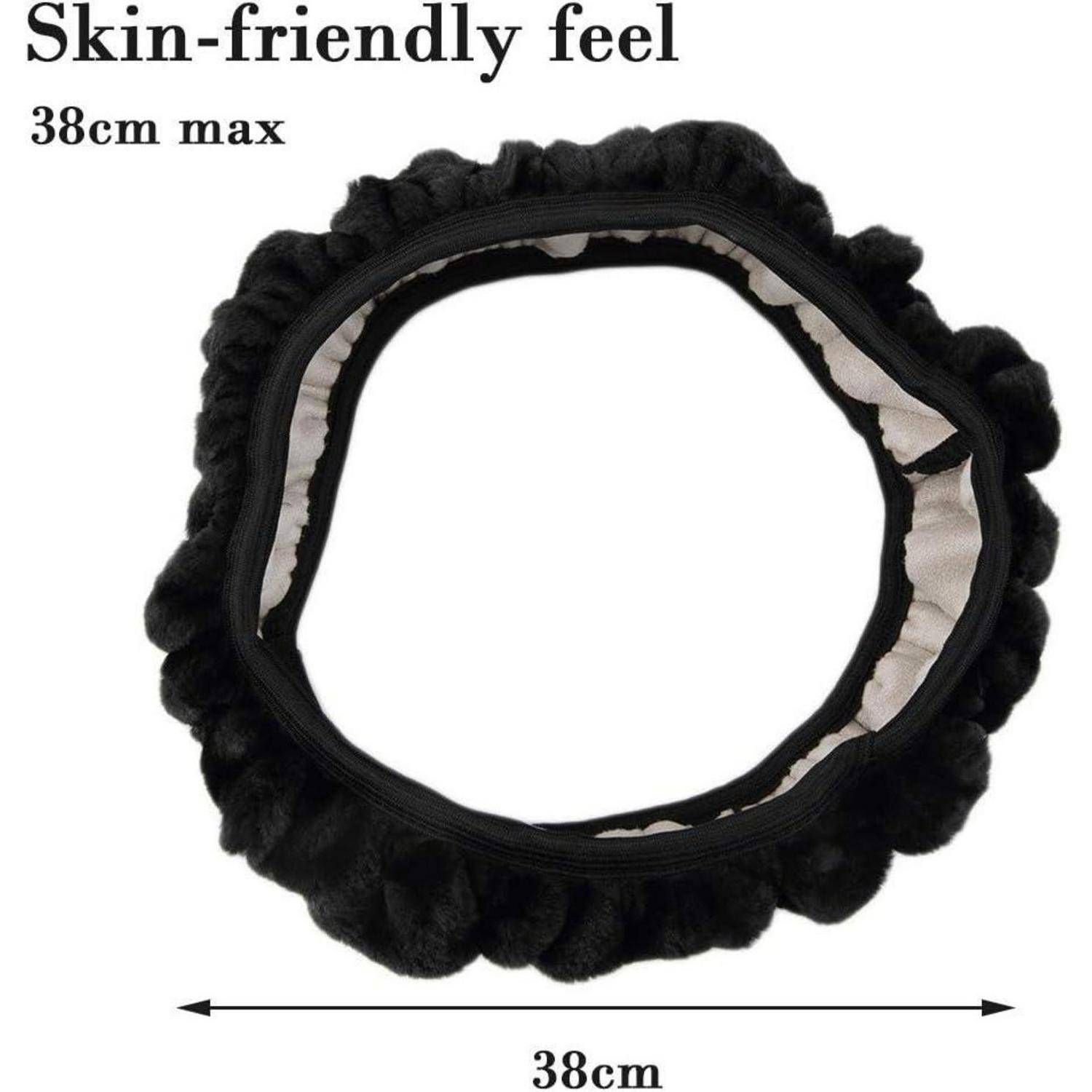 Schwarze elastische Haarmütze mit Text "Hautfreundliches Gefühl""; gekennzeichnet mit 38 cm max und 38 cm Breite, zeigt die Größe der Mütze und das weiches Inneres.