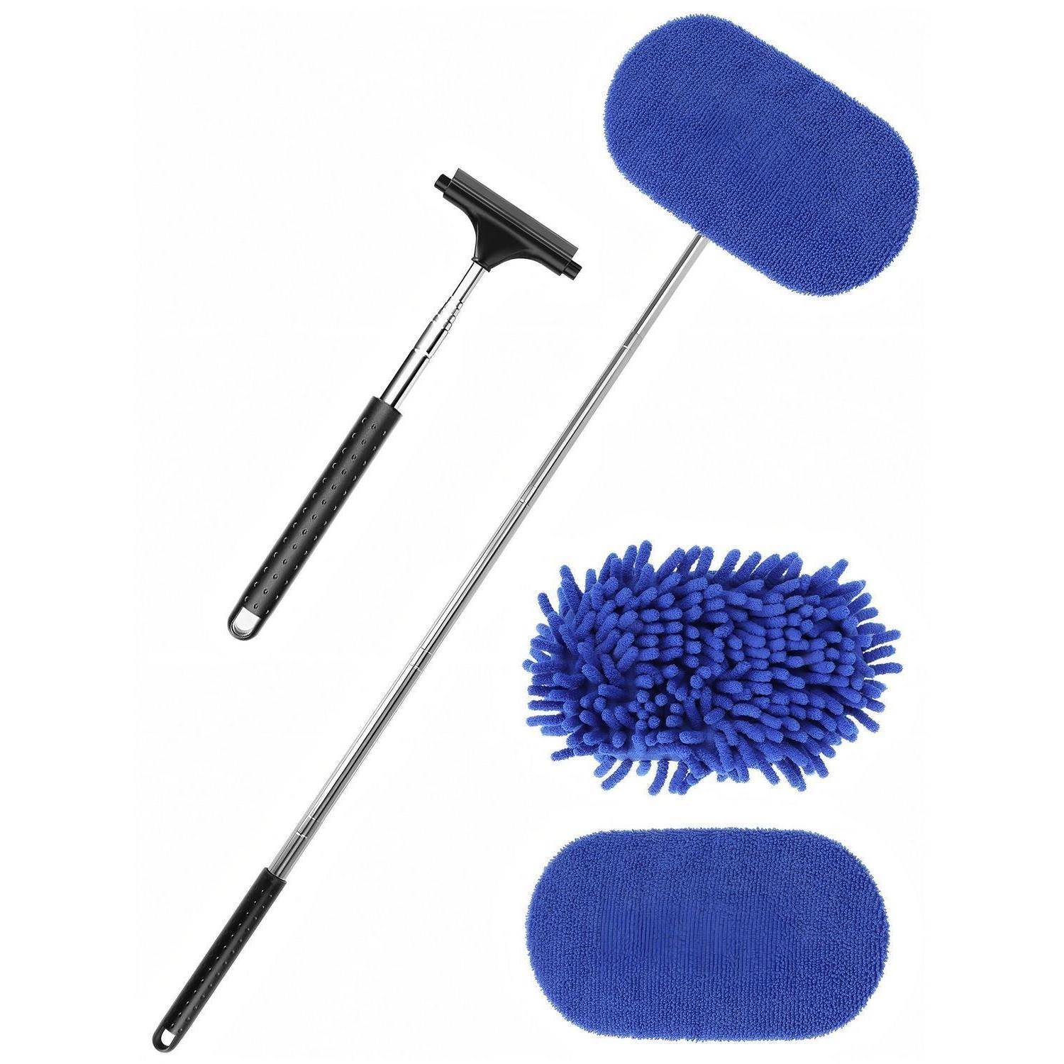 Reinigungswerkzeugsatz mit langem Griff und austauschbaren Köpfen: Abzieherklinge, Mikrofaser-Moppad und blauer Chenille-Staubwedel.