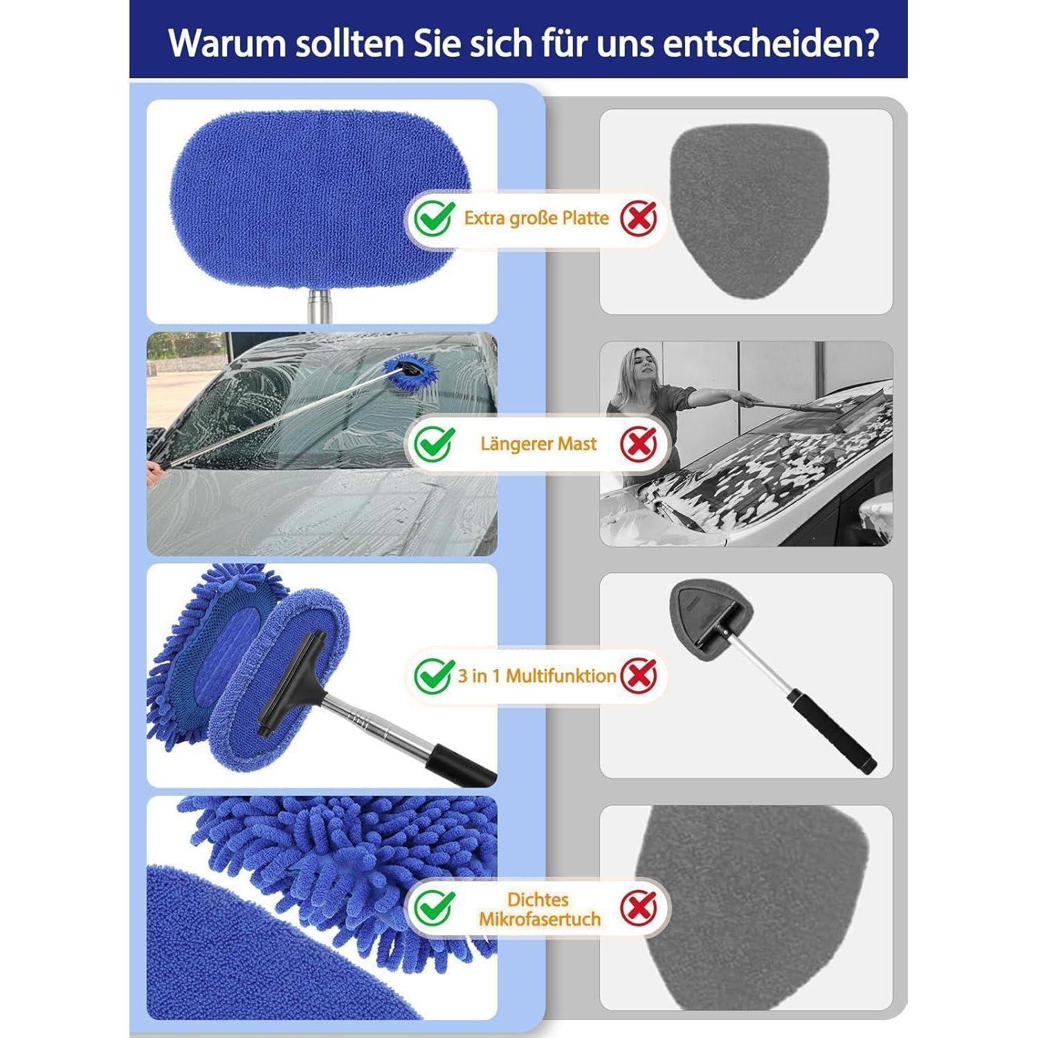 3 in 1Auto Scheibenreiniger, Werkzeug, Rückspiegel Wischer, Rakel, Waschbürste, Extra groß waschbar, Mikrofaserpad, Ausziehbarer Griff, Auto Fenste
