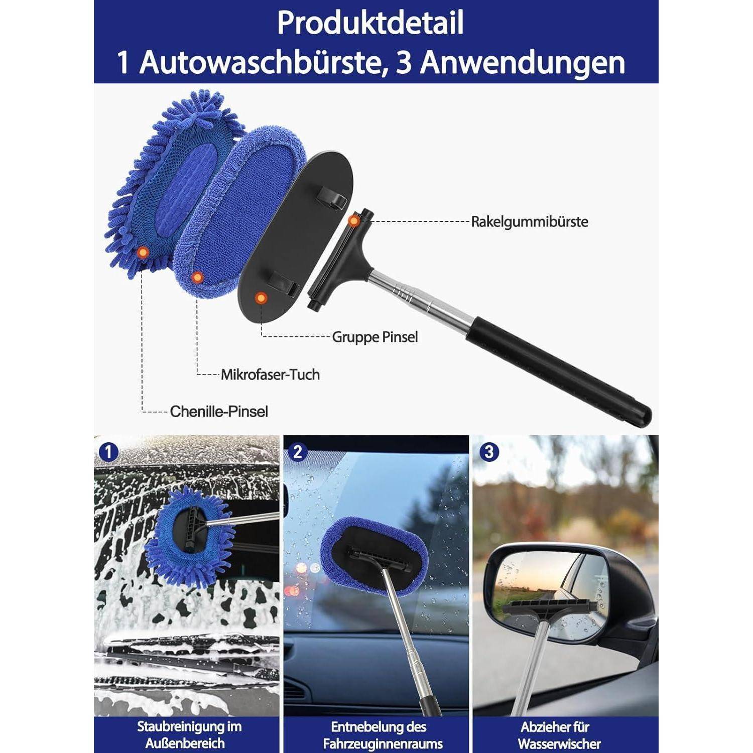 3 in 1Auto Scheibenreiniger, Werkzeug, Rückspiegel Wischer, Rakel, Waschbürste, Extra groß waschbar, Mikrofaserpad, Ausziehbarer Griff, Auto Fenste