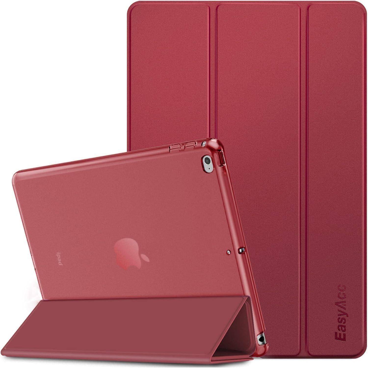 Rote Tablet-Schutzhülle und Rückseite für ein iPad, geöffnet und aufrecht stehend, mit vorderer Klappe umgeklappt als Ständer.