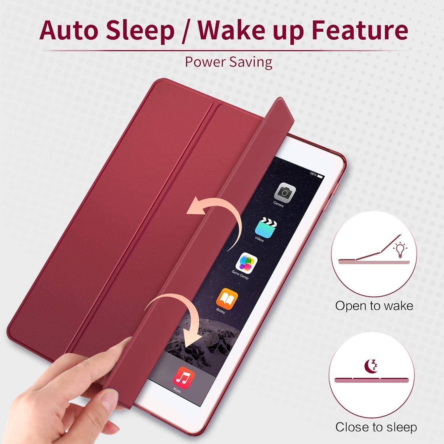 Werbe­grafik eines Tablet-Schutzkoffers mit der Funktion „Auto Sleep / Wake up" und „Stromsparen""; das Öffnen der Abdeckung weckt das Tablet auf, das Schließen versetzt es in den Schlafmodus.