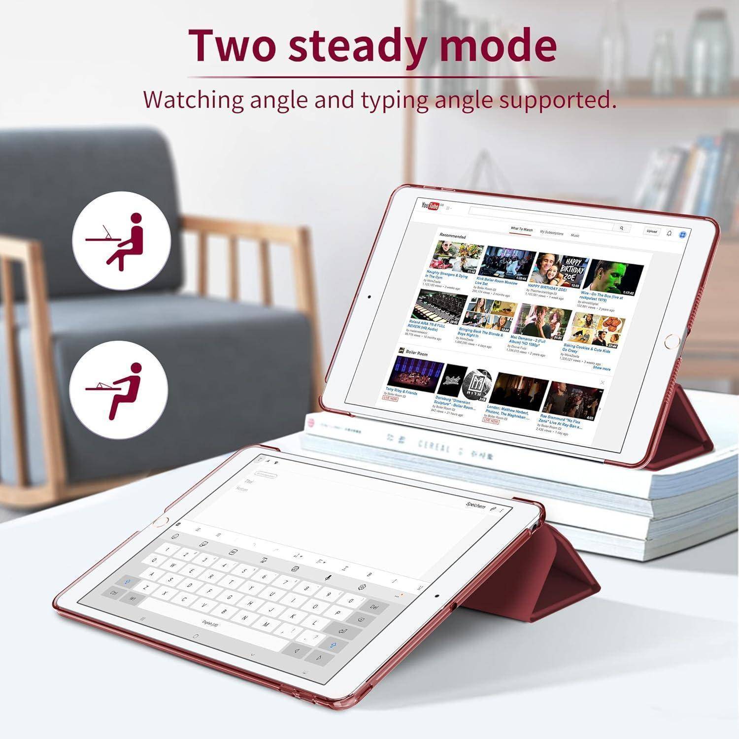Werbebild eines Tablet-Schutzkase mit zwei stabilen Modi, der sowohl Betrachtungs- als auch Schreibwinkel unterstützt; ein Tablet steht aufrecht, ein anderes liegt flach mit On-Screen-Tastatur.