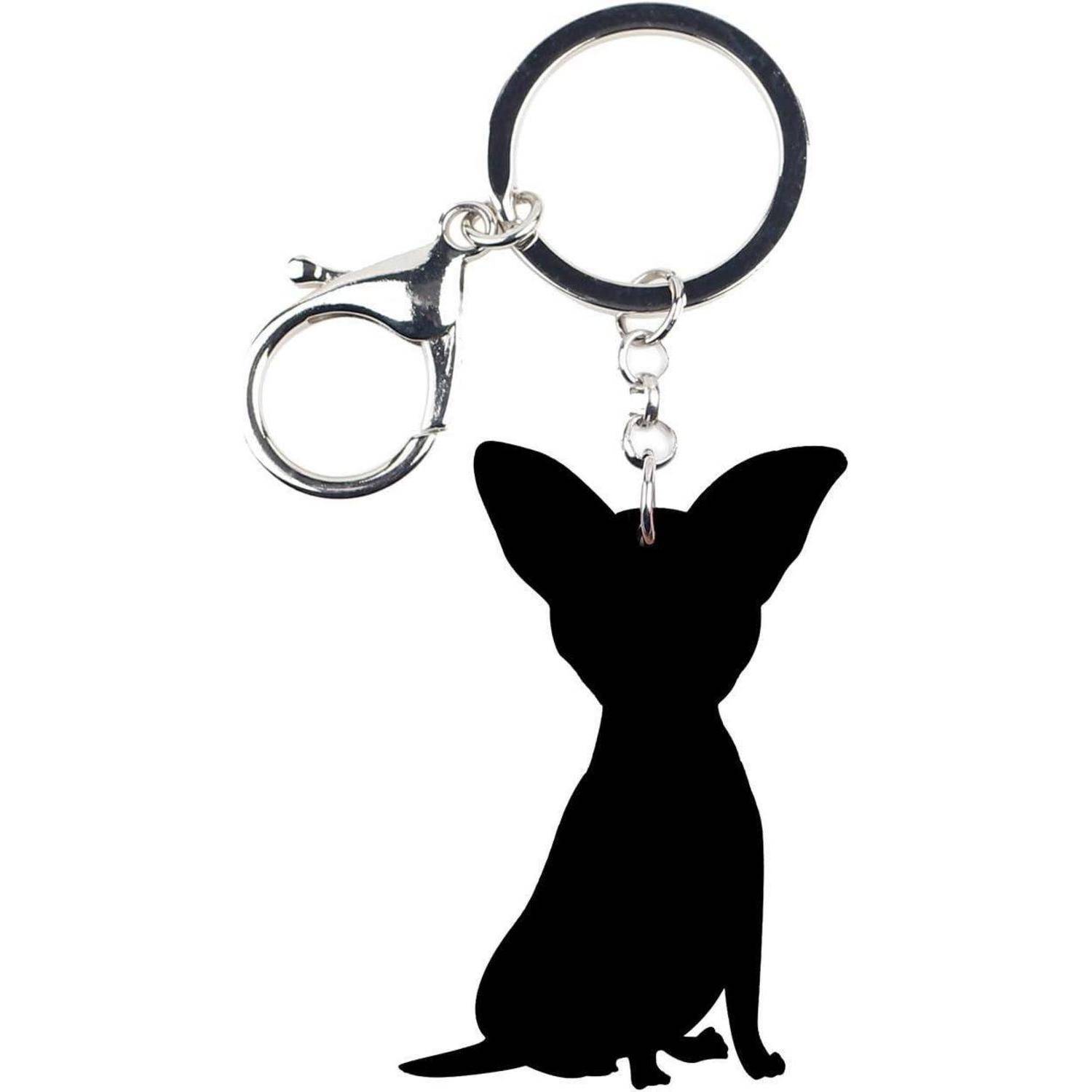 Schwarze Silhouetten-Schlüsselanhänger eines sitzenden Hundes mit übergroßen Ohren, befestigt an einem Metallschlüsselring und einer Verschlussfeder auf weißem Hintergrund.