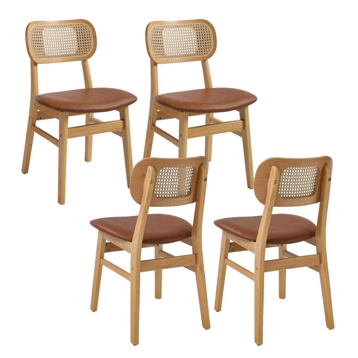 chairus Esszimmerstühle 4er Set Holz, Küchenstühle PU Leder Polsterstuhl Esszimmer, Akzentstühle mit Rattan Rückenlehne für Küche Wohnzimmer, B