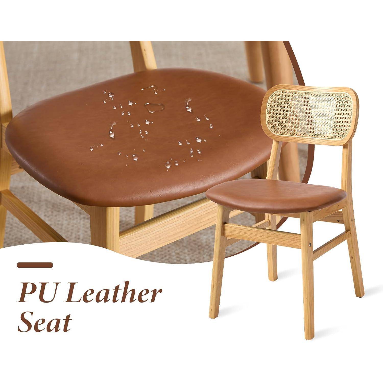 chairus Esszimmerstühle 4er Set Holz, Küchenstühle PU Leder Polsterstuhl Esszimmer, Akzentstühle mit Rattan Rückenlehne für Küche Wohnzimmer, B