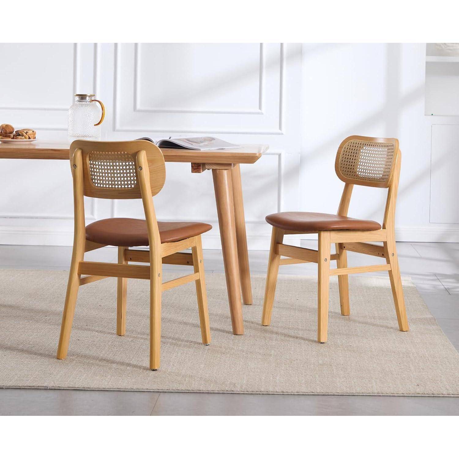 chairus Esszimmerstühle 4er Set Holz, Küchenstühle PU Leder Polsterstuhl Esszimmer, Akzentstühle mit Rattan Rückenlehne für Küche Wohnzimmer, B