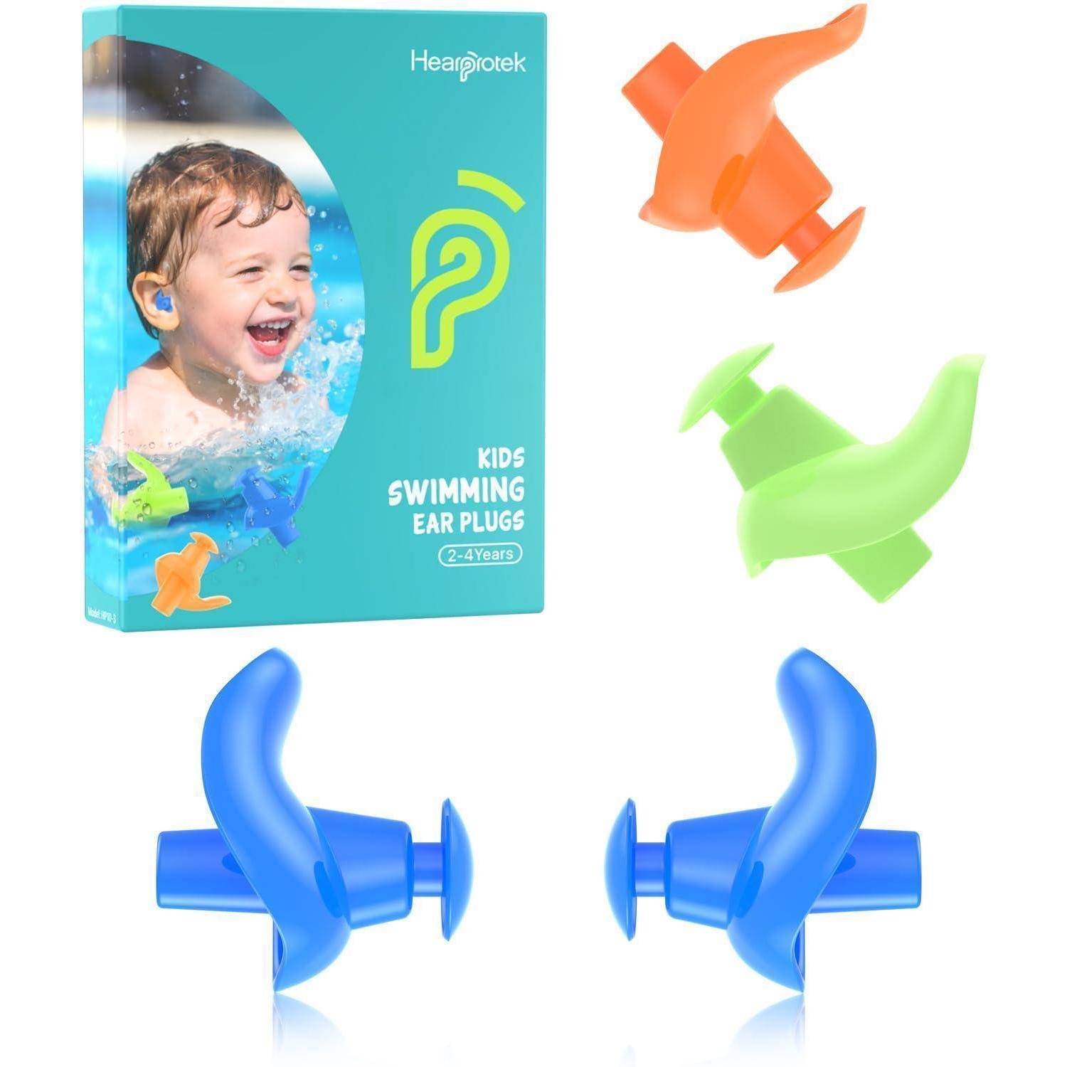 Produktbild von Hearprotek Kinder-Ohrstöpsel zum Schwimmen, das orange, grüne und blaue wiederverwendbare Ohrstöpsel mit Einzelhandelsverpackung für Kinder ab 2-14 Jahren zeigt.