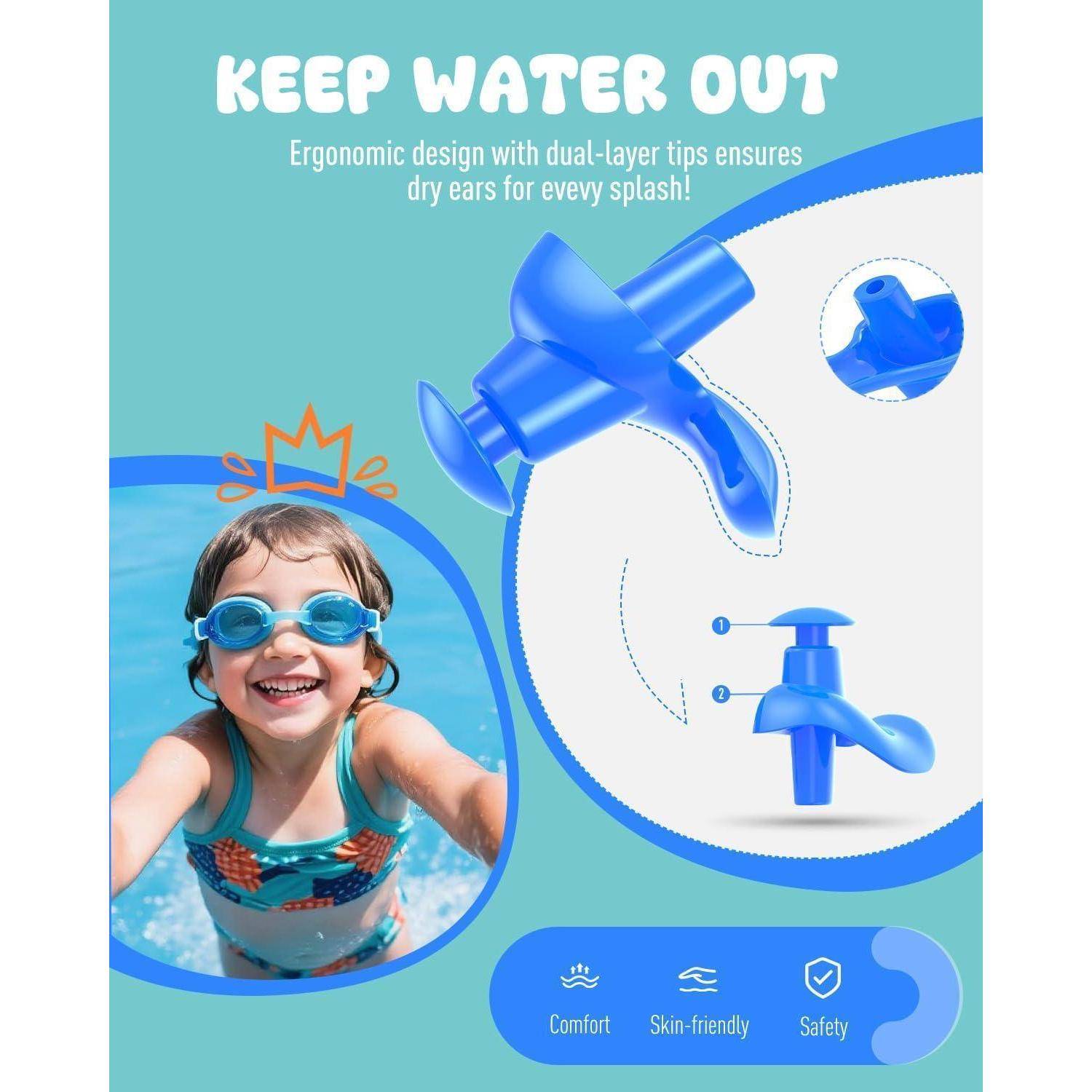 Werbung für blaue Ohrstöpsel zum Schwimmen: „WASSER DRAUSSEN HALTEN