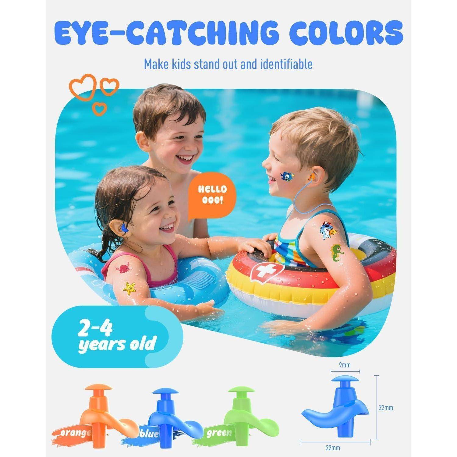 Anzeige mit farbenfrohen Identifikations-Schwimmaufklebern für Kinder; drei Kinder im Schwimmbad mit dekorativen Gesichts- und Körperaufklebern, gekennzeichnet für Alter 2-4 Jahre und erhältlich in Orange, Blau und Grün.