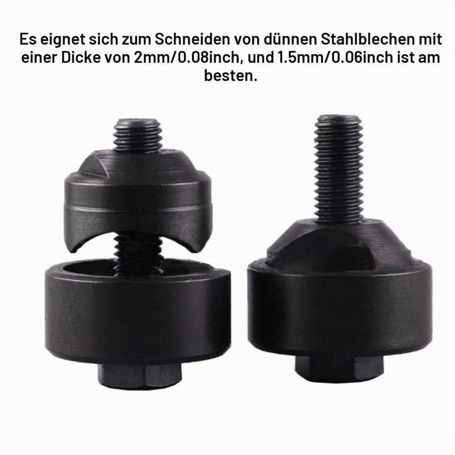Zwei schwarze Metallstanzen und Matrizen zum Schneiden von dünnen Stahlblechen, mit deutschem Text, der besagt, dass sie am besten für 2mm/0,08 Zoll und 1,5mm/0,06 Zoll Dicke geeignet sind.