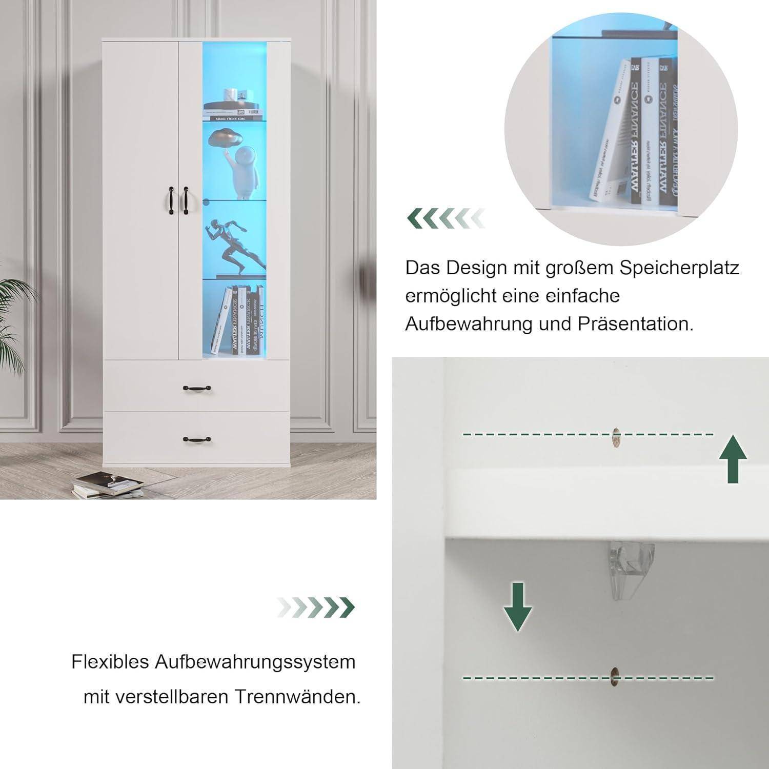 Weißer Lagerschrank mit Glasmittelregalen und Schubladen, dargestellt mit deutschem Text über große Lagerungskapazität und verstellbare Trennwände für einfache Organisation und Präsentation.