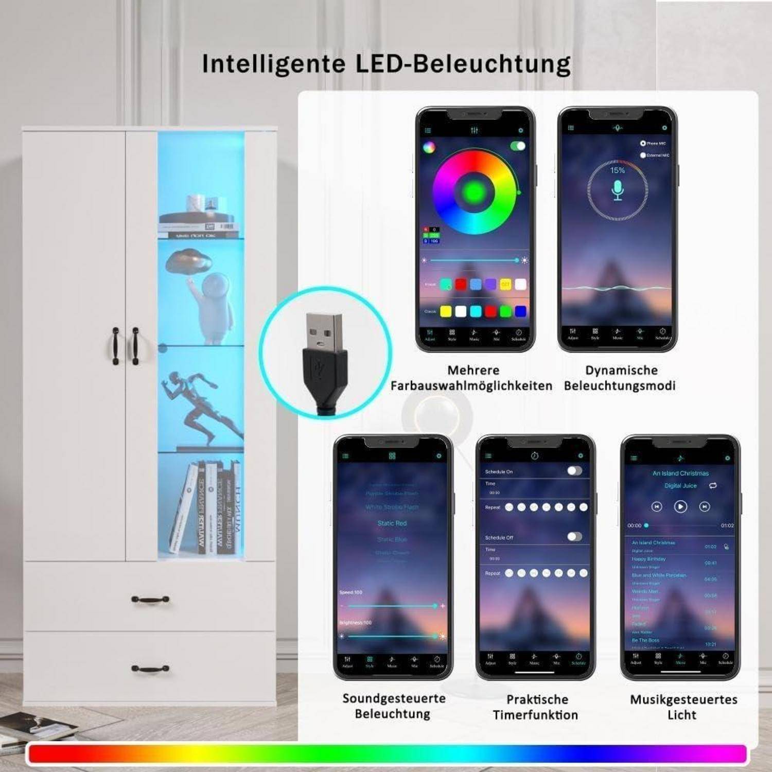 Intelligenter Schrank mit USB-betriebener LED-Leiste und App-gesteuerter Beleuchtung; zeigt Farbauswahl, dynamische Modi, soundaktiviertes Licht, Timer und Musiksynchronisierung.