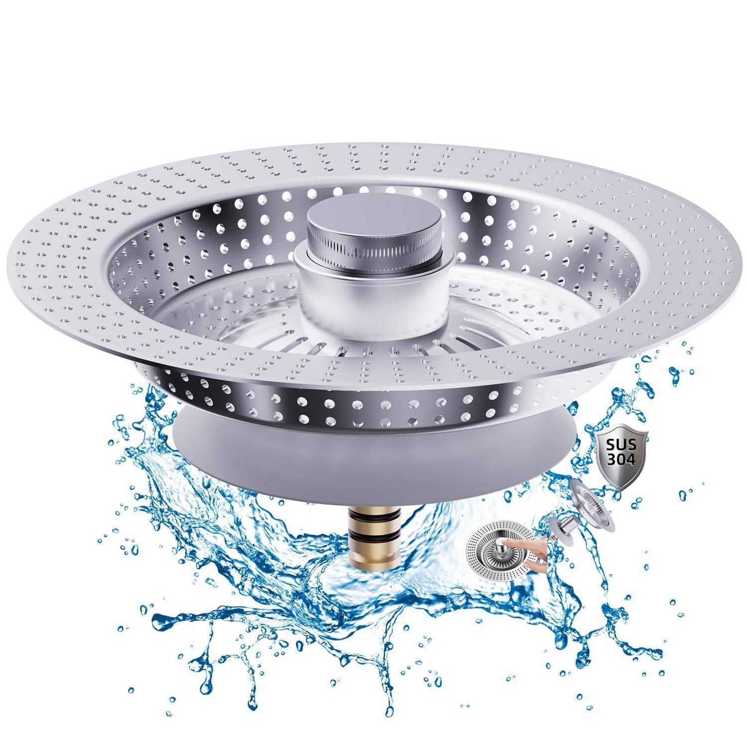 3D-Illustration eines Edelstahlsiebkorbs für Spülbeckenabflüsse aus SUS 304 mit fließendem Wasser, die rostfreie Filterung zeigt.