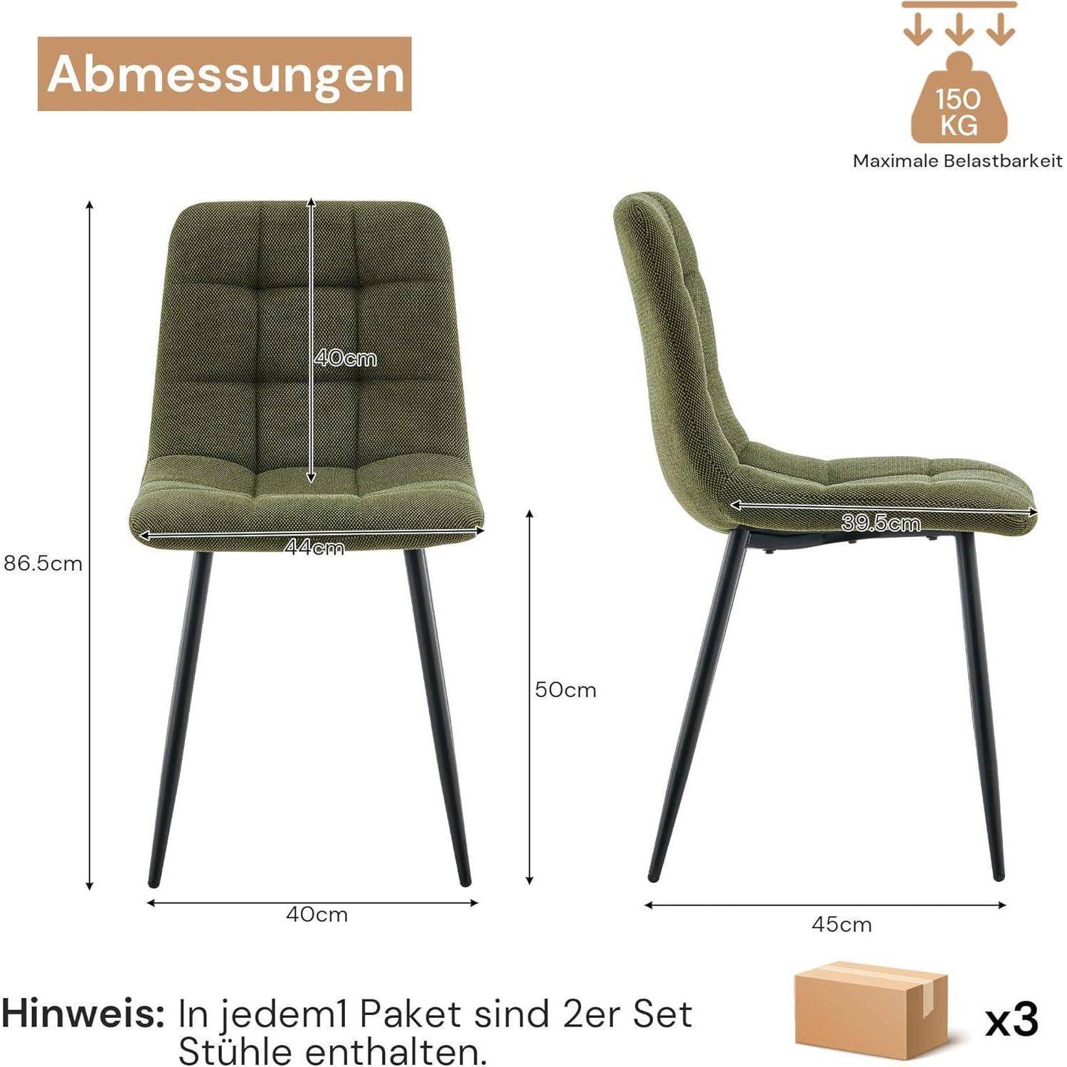 Dimensionsdiagramm eines olivgrün gepolsterten Stuhls mit Vorder- und Seitenansicht und Maßangaben: 86,5 cm Höhe, 45 cm Tiefe, 40 cm Breite, maximale Belastung 150 kg, 3er Packung.