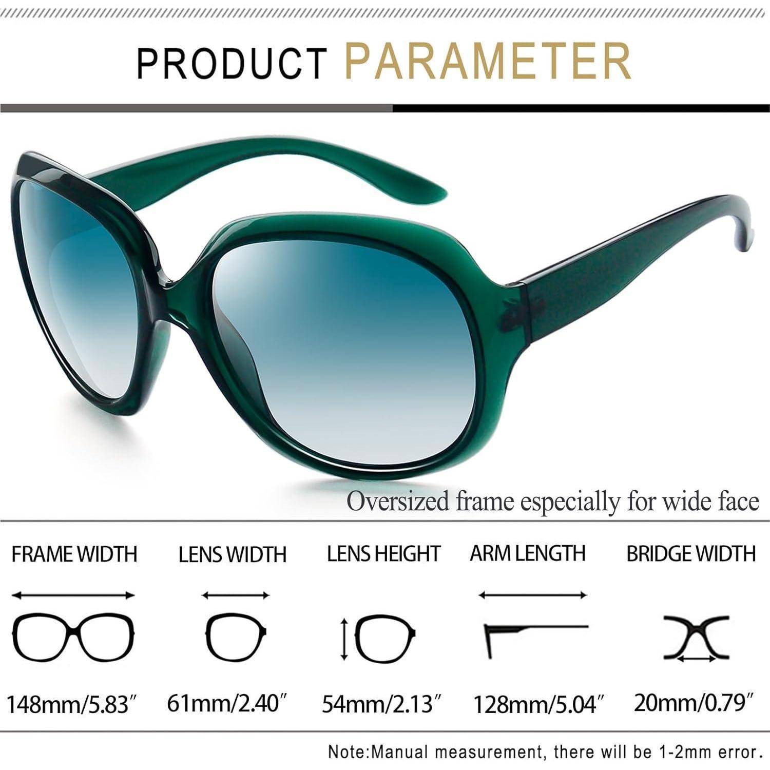 Produktparametergrafik für übergroße grüne Sonnenbrille mit breitem Gestell für breite Gesichter mit Abmessungen: Gestellbreite 148mm, Linsenbreite 61mm, Linsenhöhe 54mm, Armlänge 128mm, Stegbreite 20mm.
